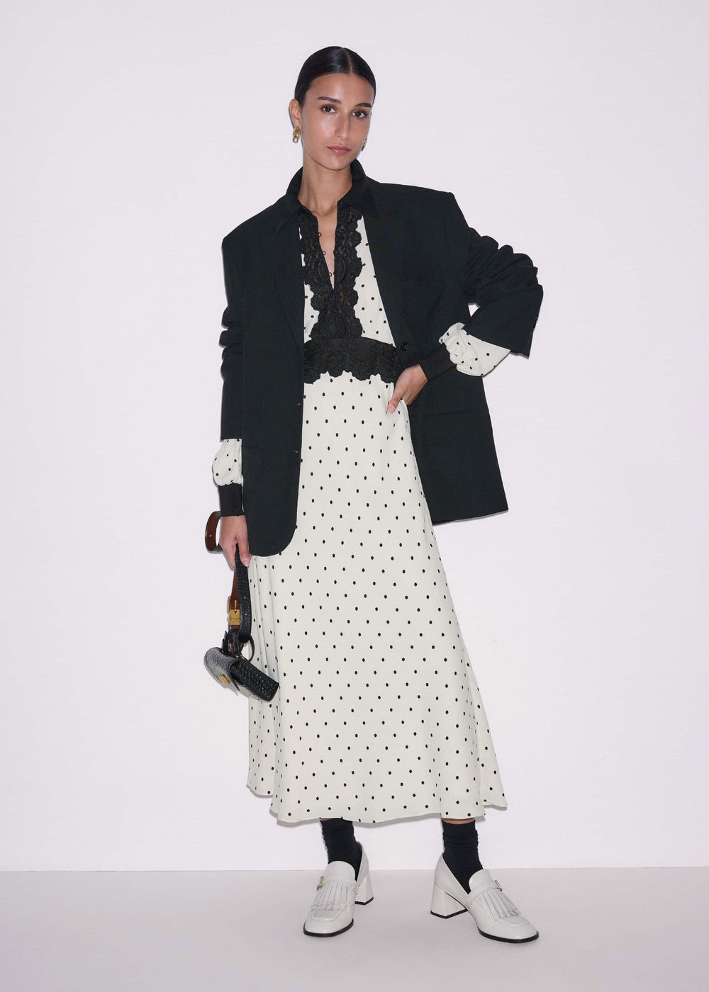 Cream Winter Polka Dot Lace Trim Maxi Dress