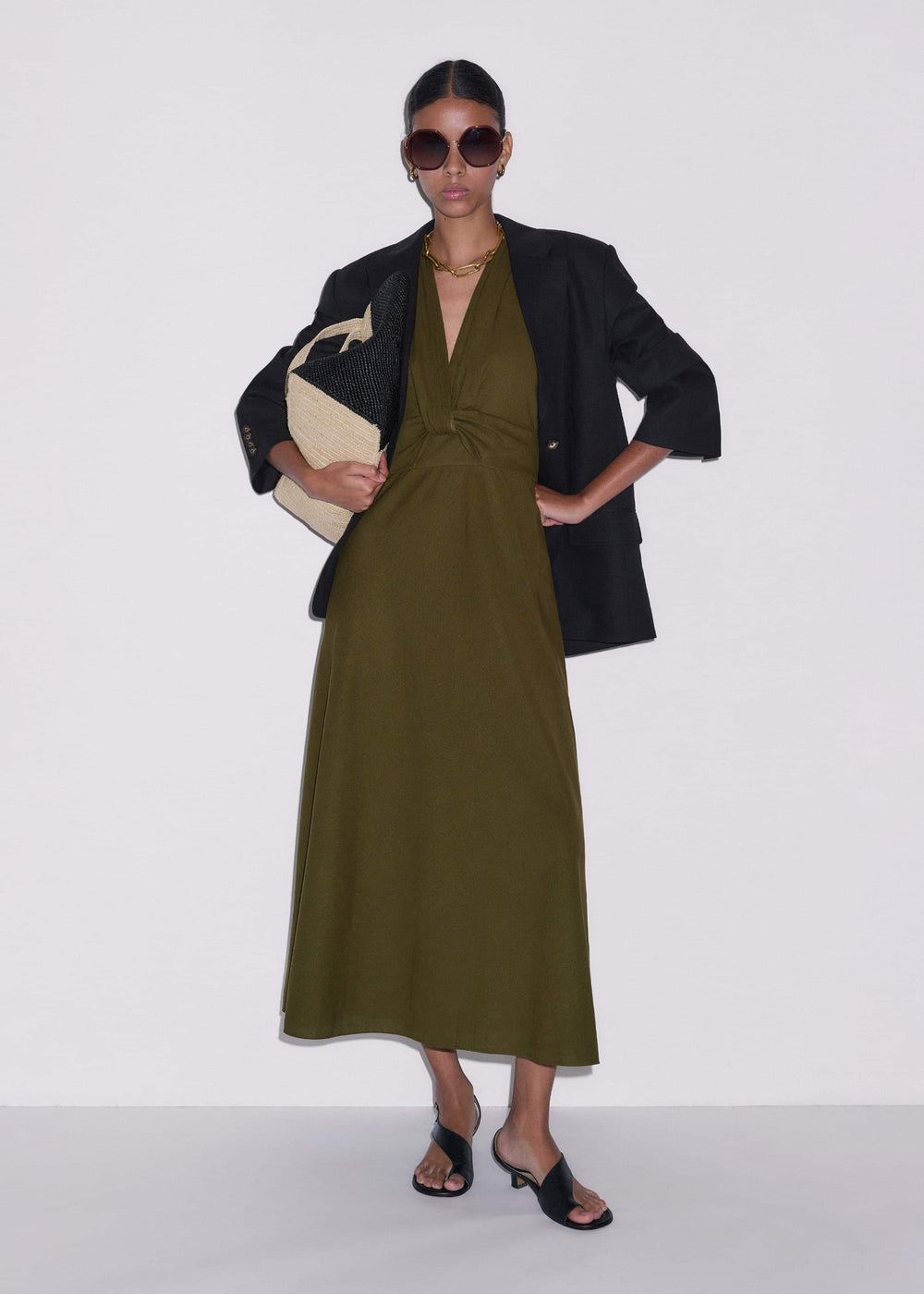 Olive Green Crease-Less Linen Twist Front Maxi Dress