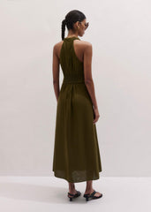 Olive Green Crease-Less Linen Twist Front Maxi Dress