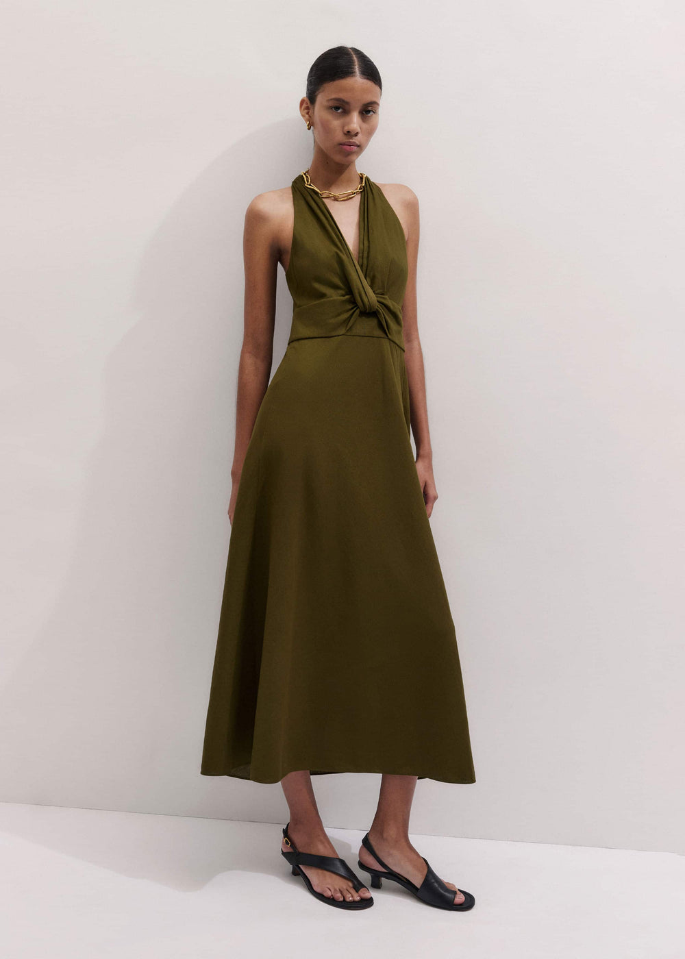 Olive Green Crease-Less Linen Twist Front Maxi Dress
