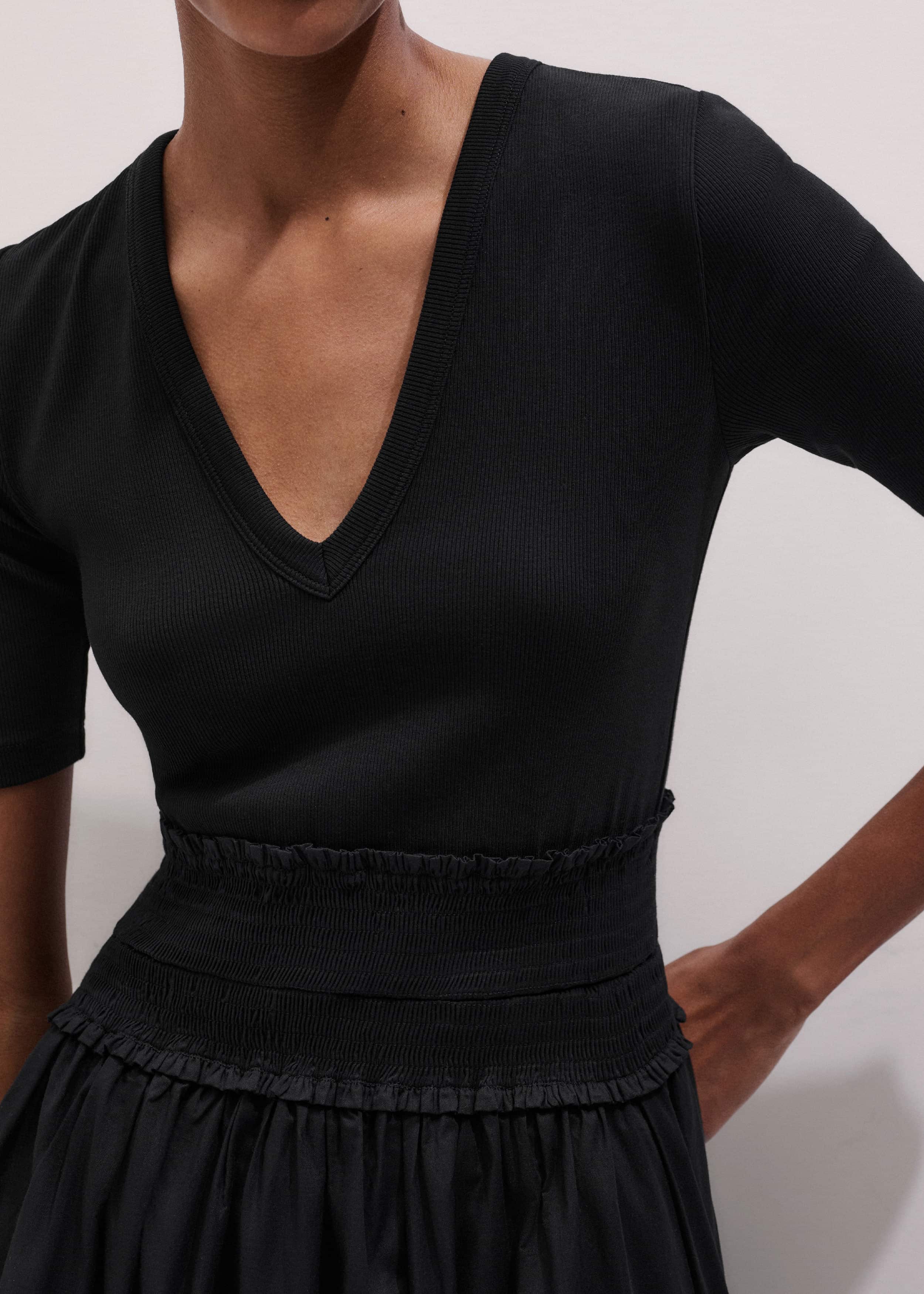 Black V-Neck Smocked Skirt Mixed Media Maxi Dress