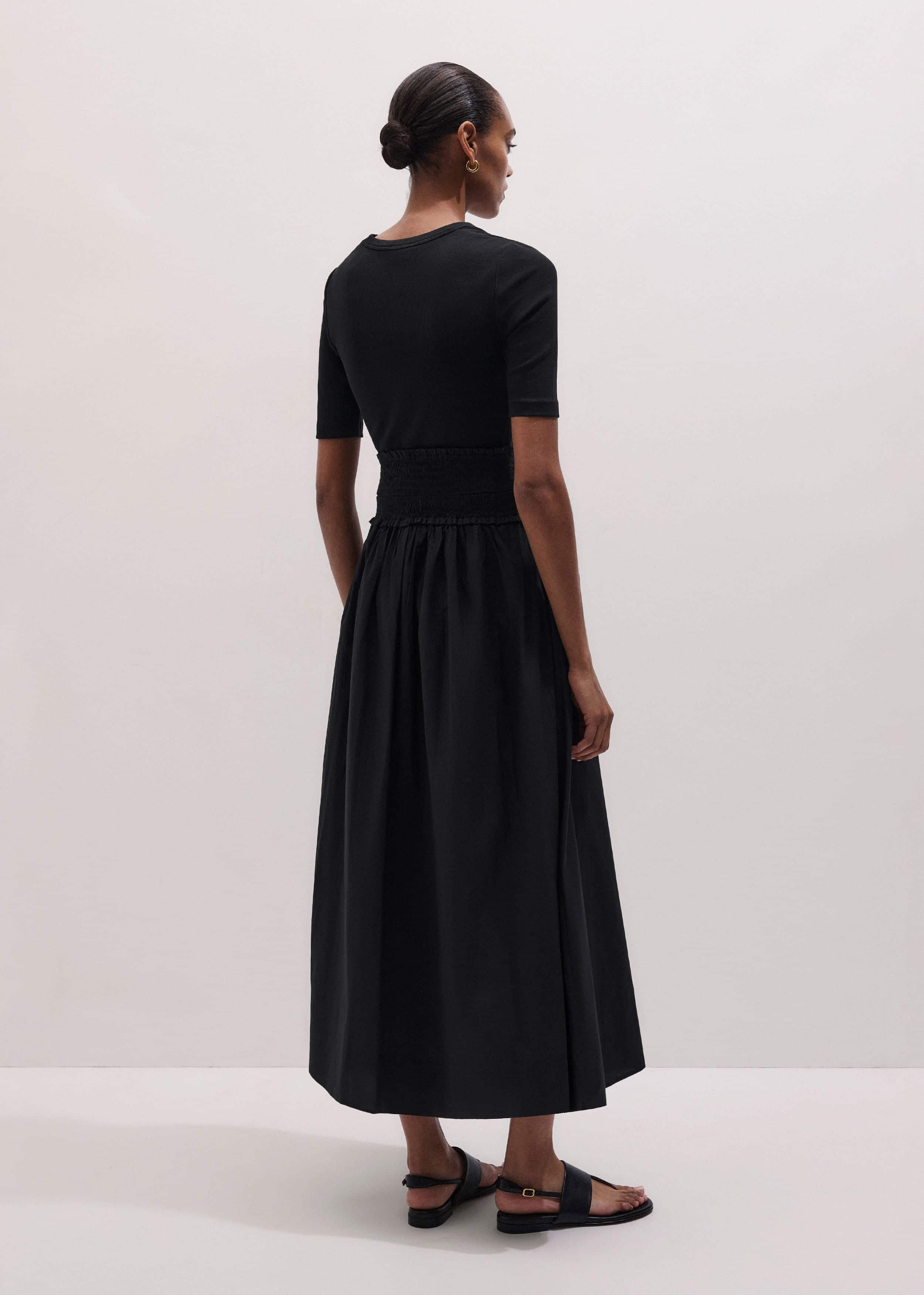 Black V-Neck Smocked Skirt Mixed Media Maxi Dress