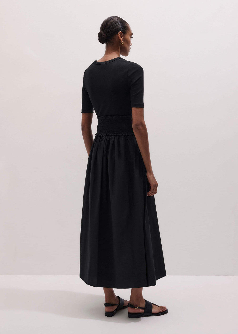 Black V-Neck Smocked Skirt Mixed Media Maxi Dress