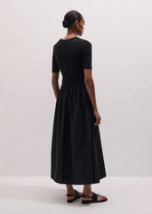 Black V-Neck Smocked Skirt Mixed Media Maxi Dress