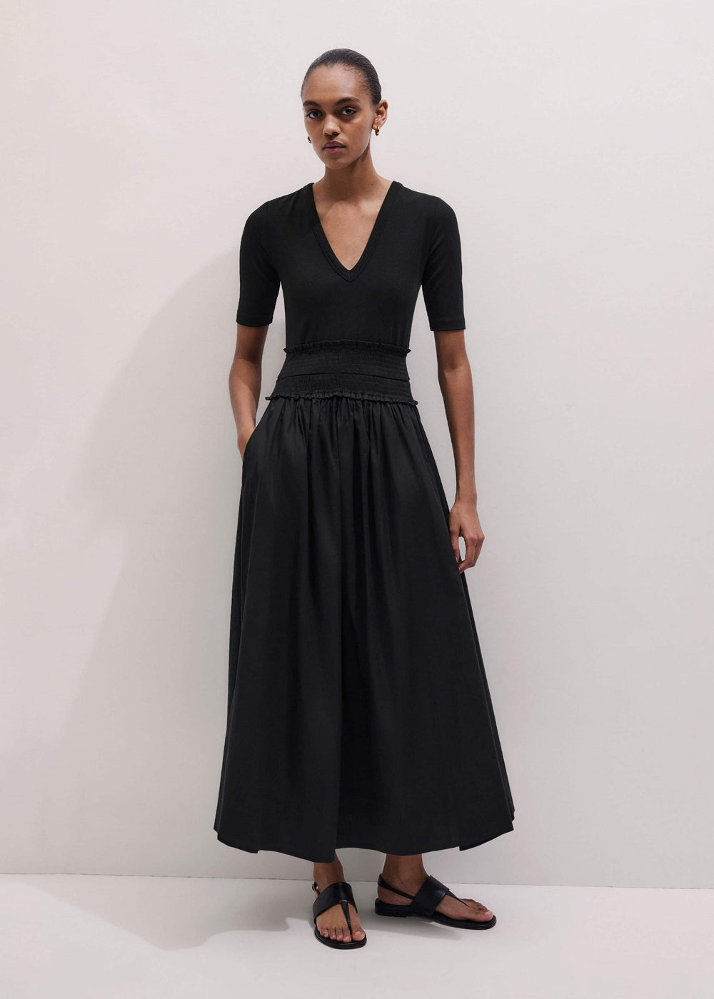 Black V-Neck Smocked Skirt Mixed Media Maxi Dress