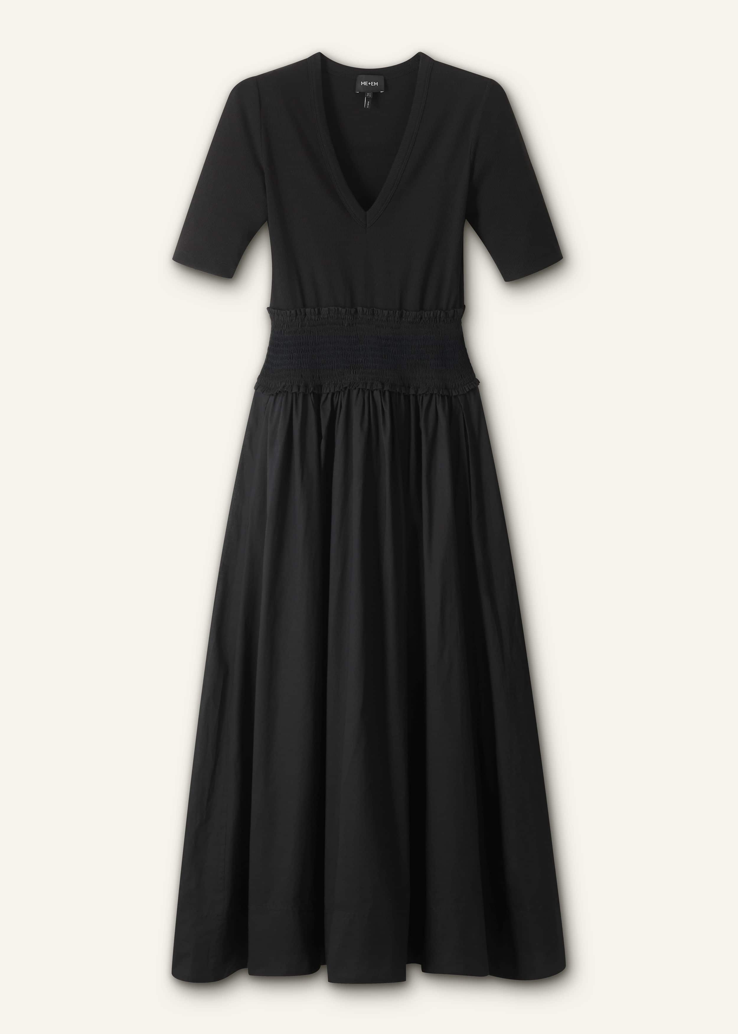Black V-Neck Smocked Skirt Mixed Media Maxi Dress