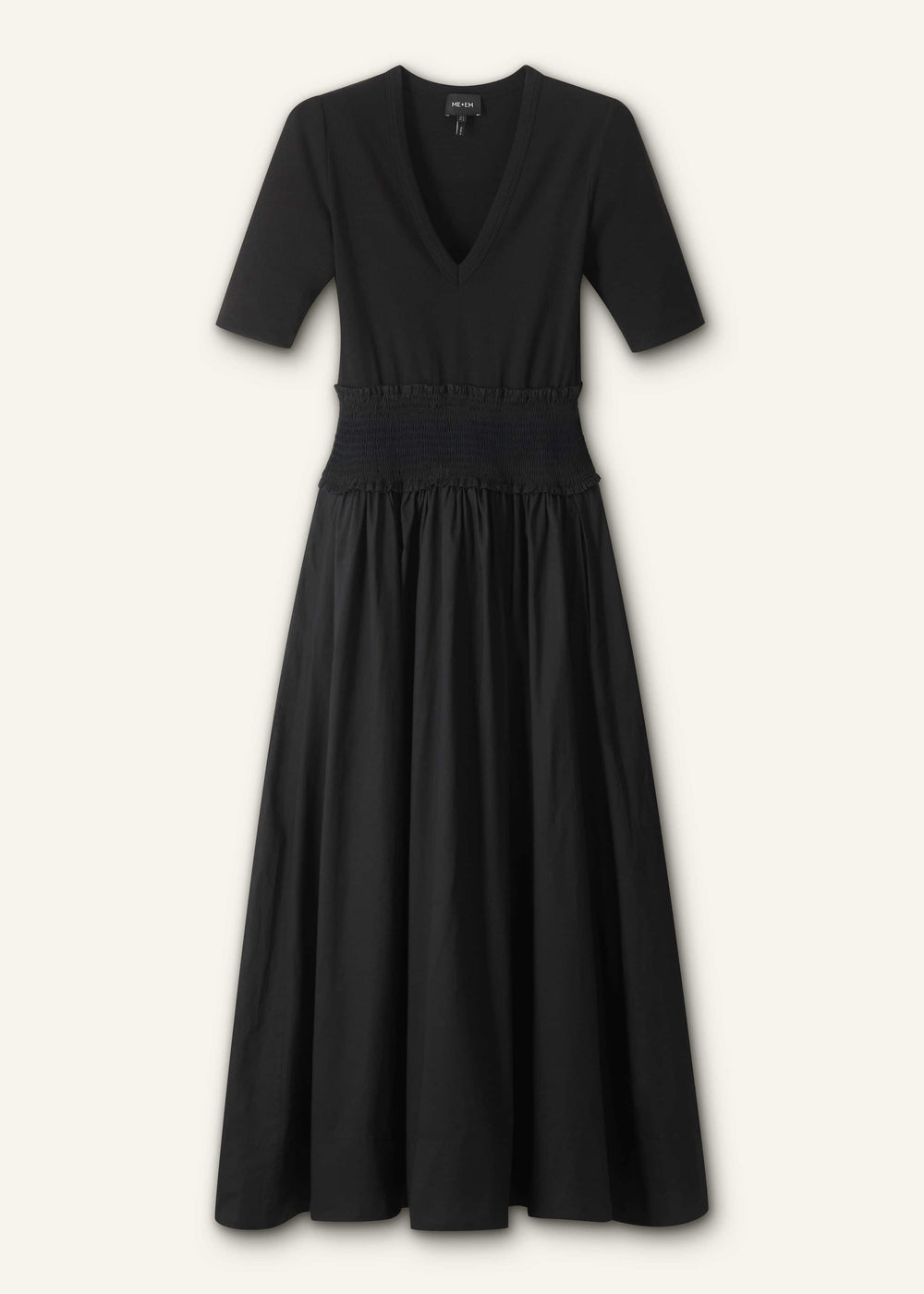 Black V-Neck Smocked Skirt Mixed Media Maxi Dress