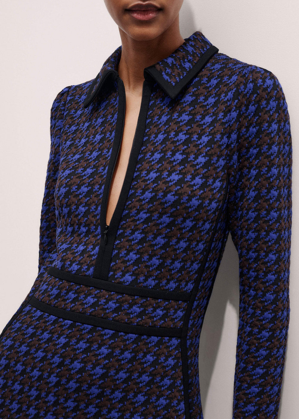 Navy Houndstooth Jacquard Ponte Zip Neck Maxi Dress