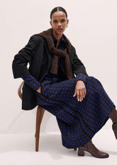 Navy Houndstooth Jacquard Ponte Zip Neck Maxi Dress