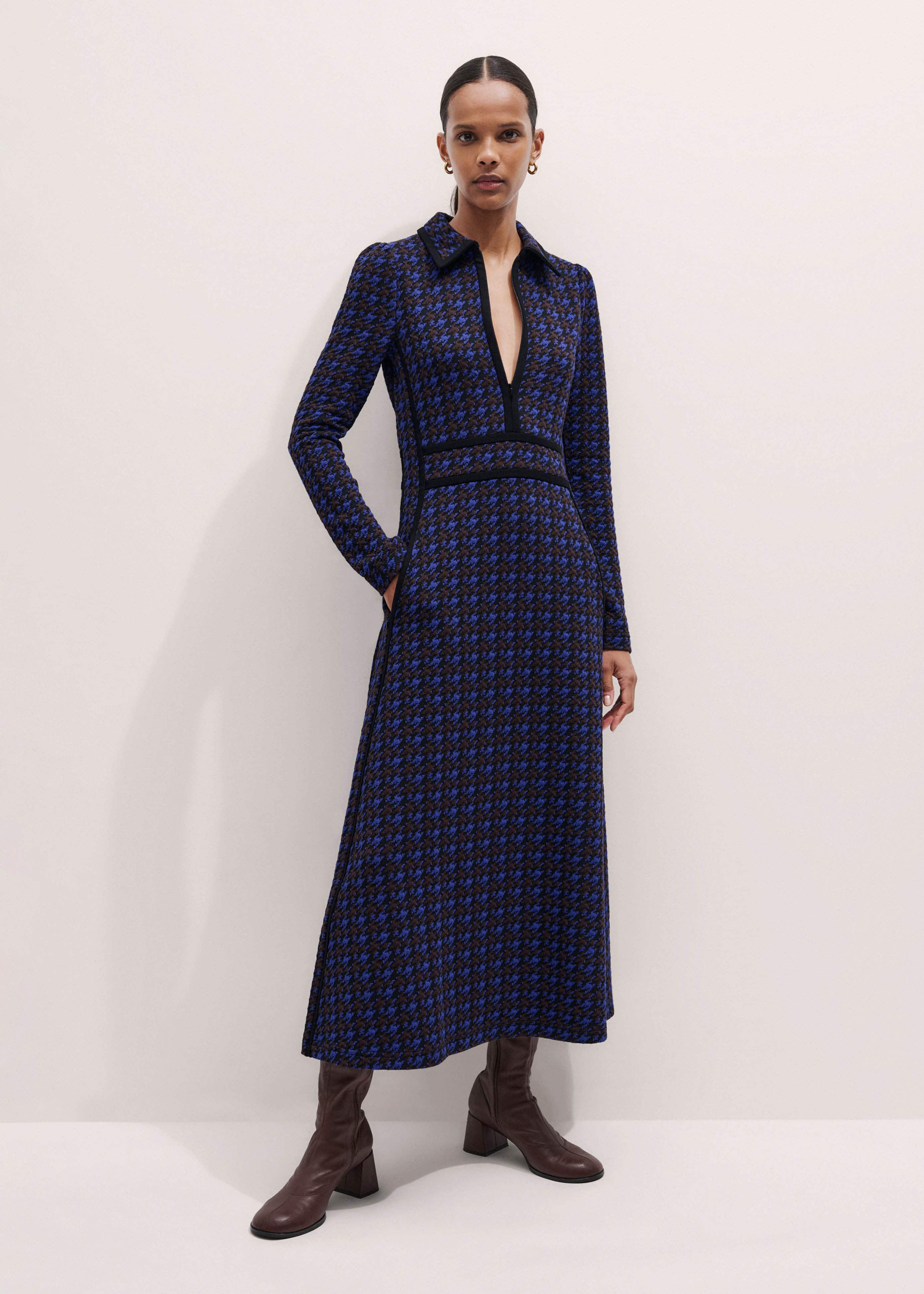 Navy Houndstooth Jacquard Ponte Zip Neck Maxi Dress