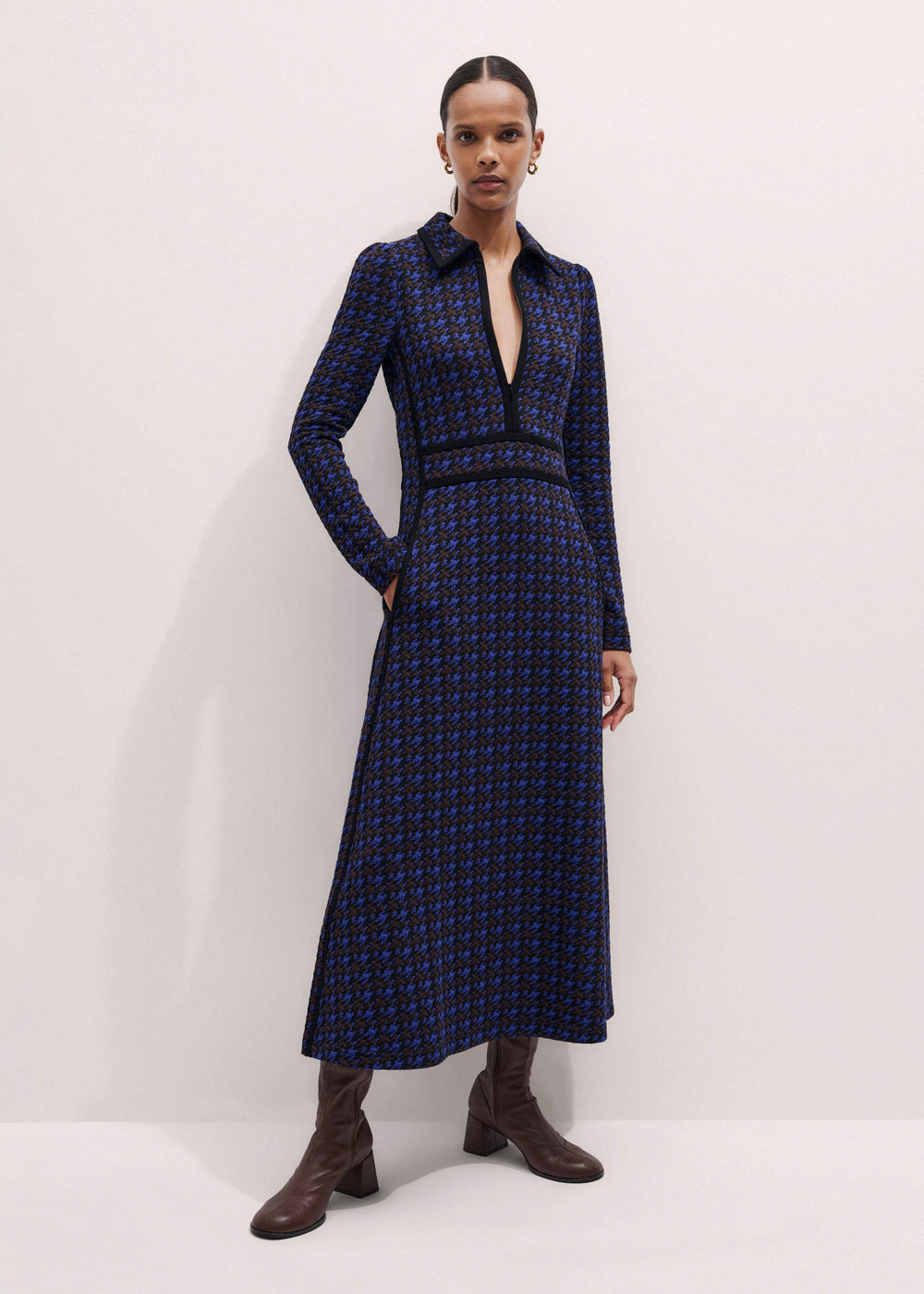 Navy Houndstooth Jacquard Ponte Zip Neck Maxi Dress