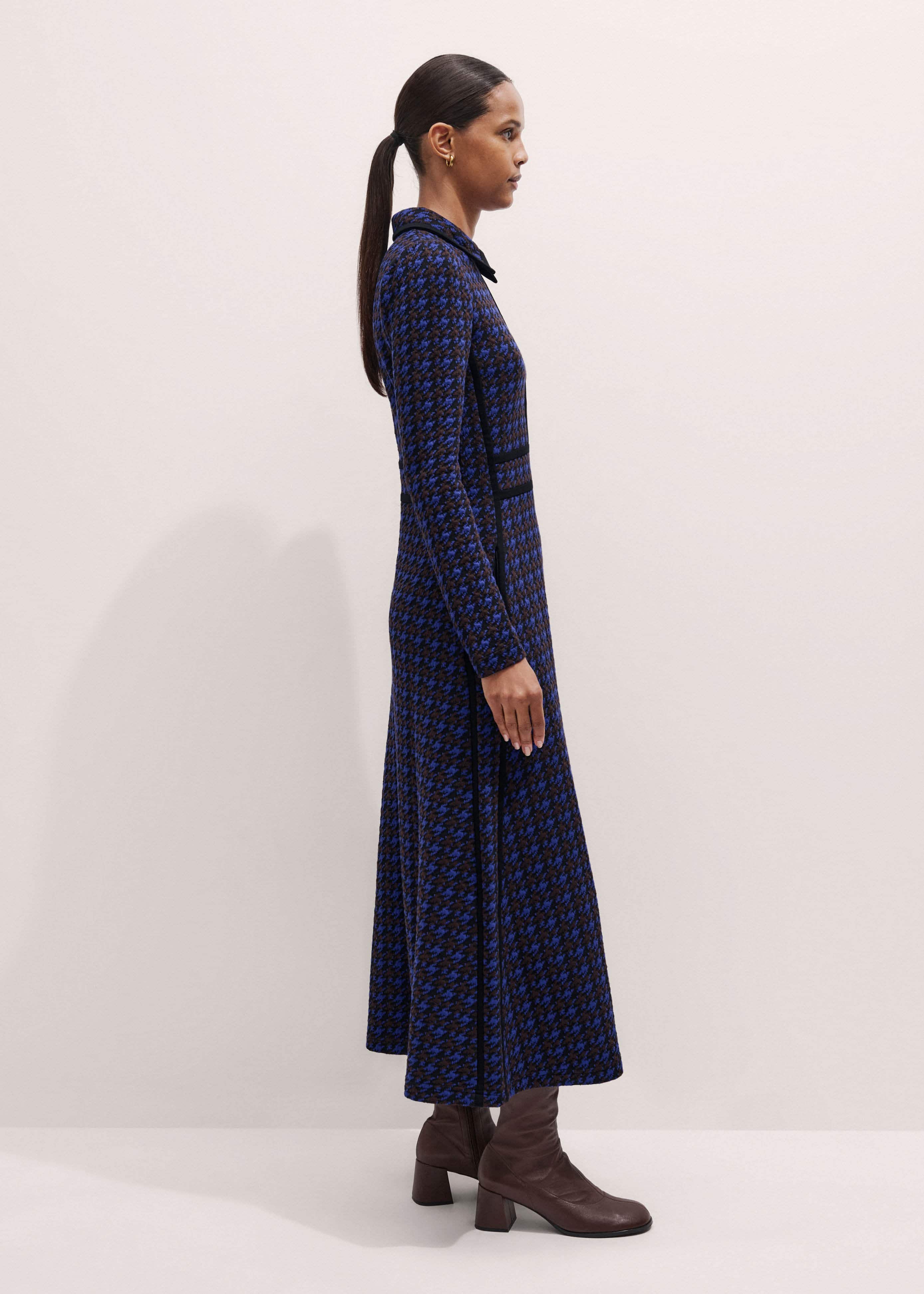 Navy Houndstooth Jacquard Ponte Zip Neck Maxi Dress