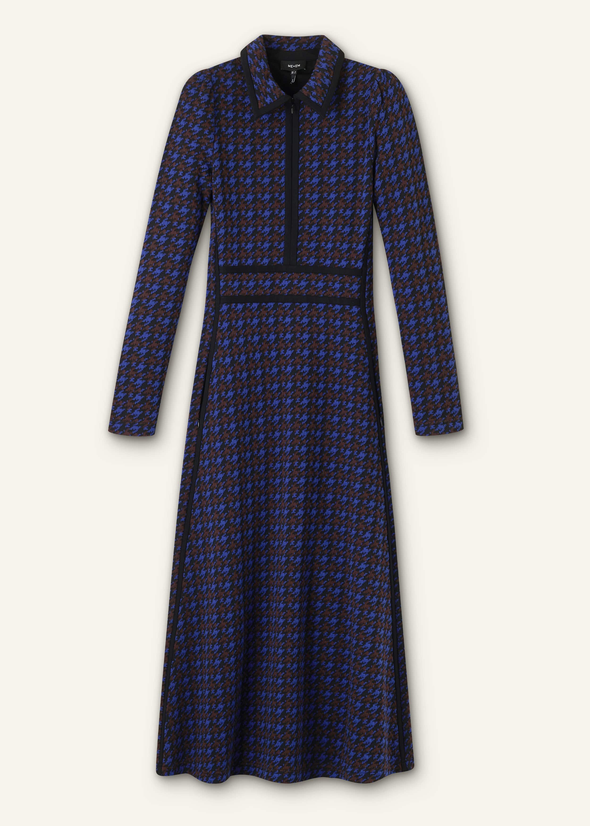 Navy Houndstooth Jacquard Ponte Zip Neck Maxi Dress
