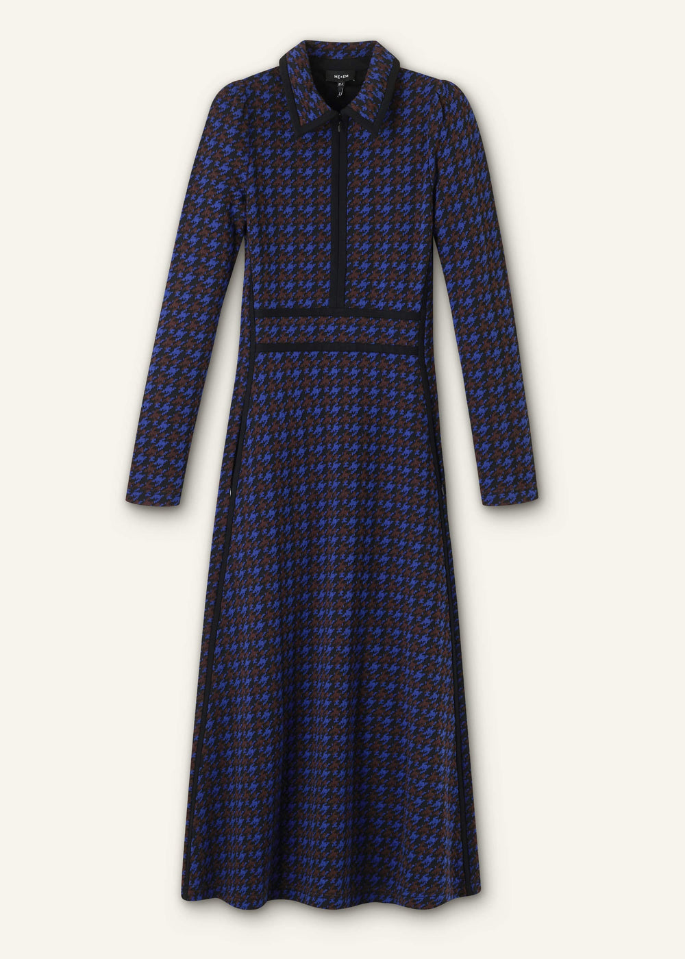 Navy Houndstooth Jacquard Ponte Zip Neck Maxi Dress