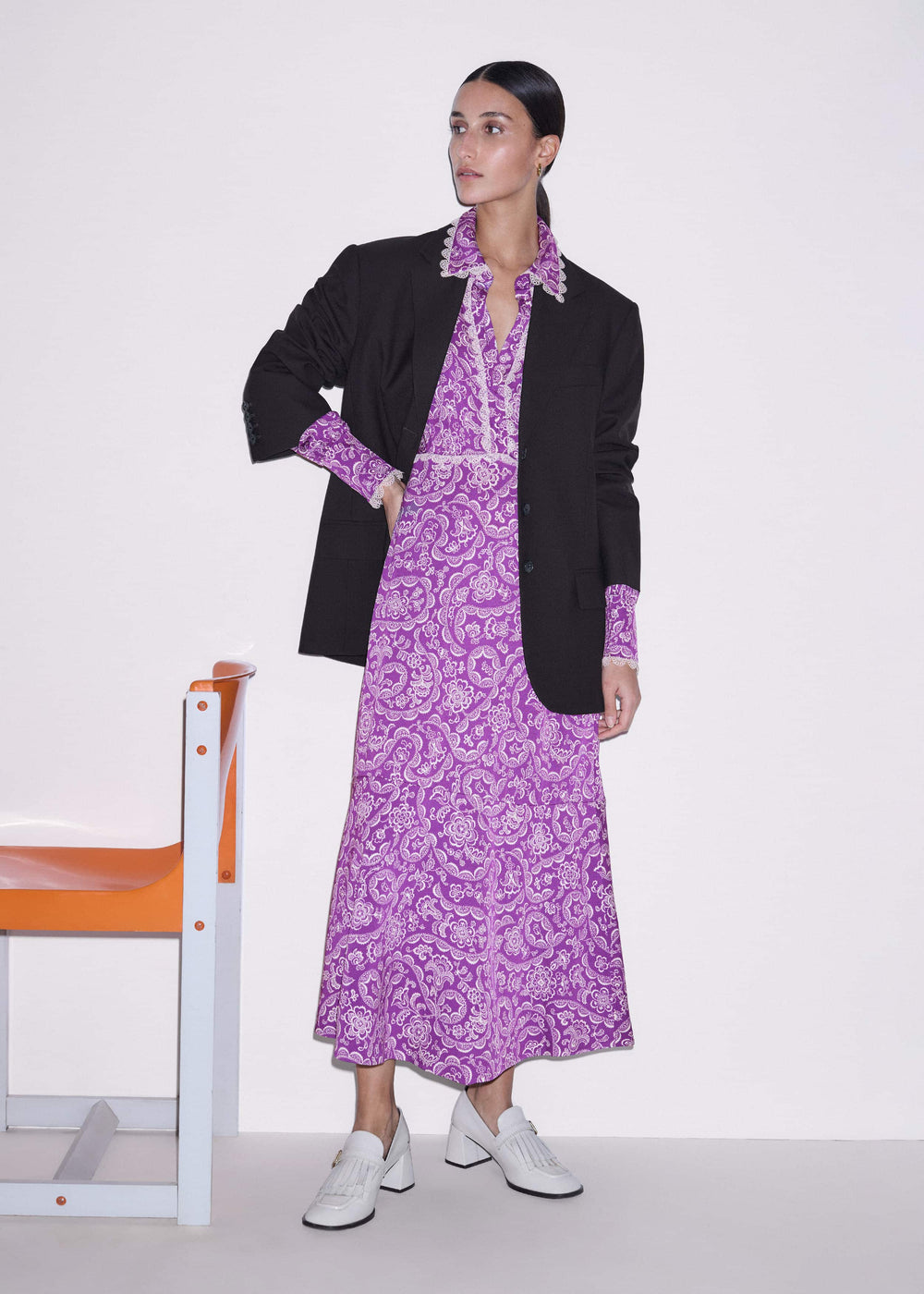 Purple Entangled Lace Print Fit + Flare Maxi Dress