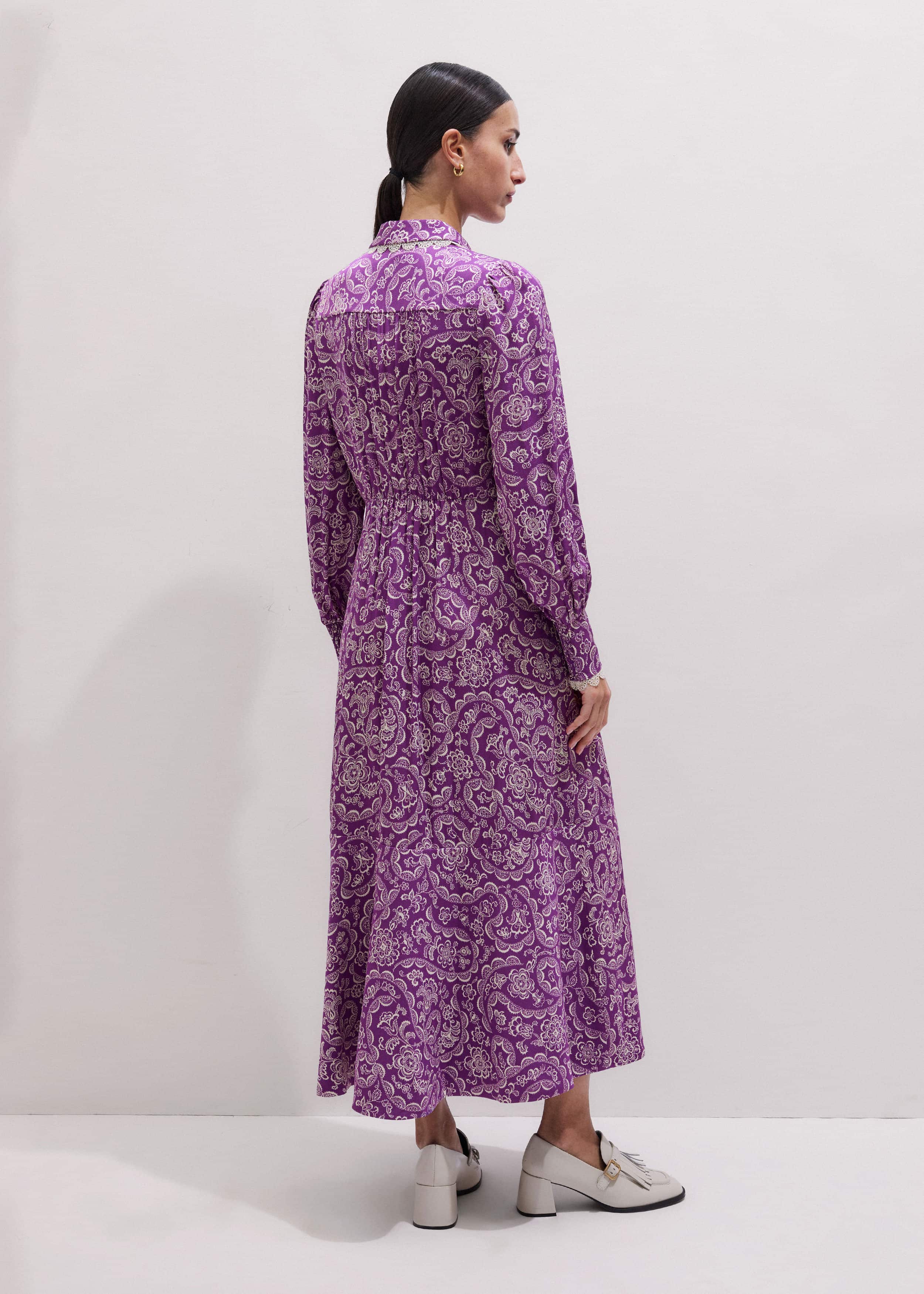 Purple Entangled Lace Print Fit + Flare Maxi Dress