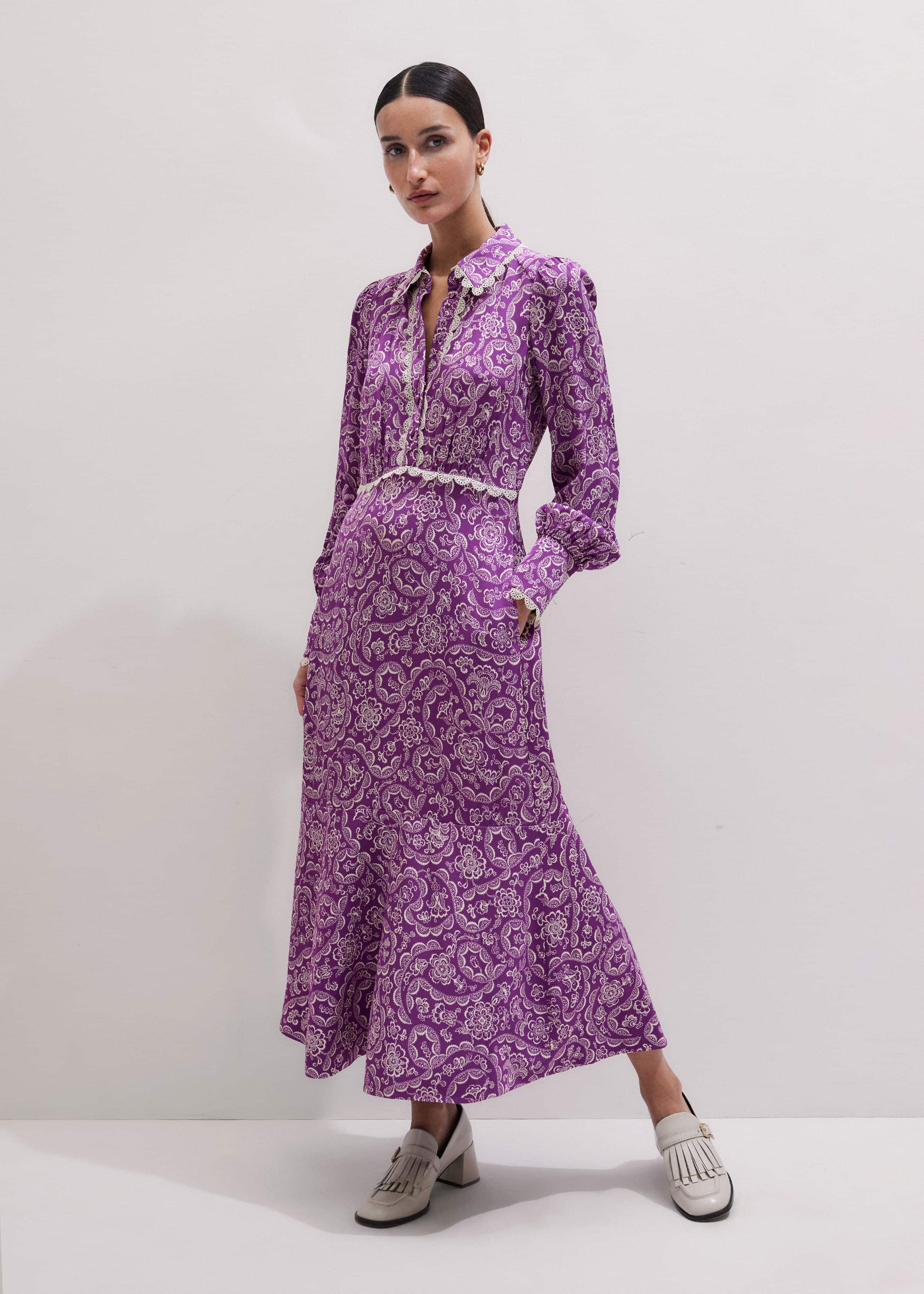 Purple Entangled Lace Print Fit + Flare Maxi Dress