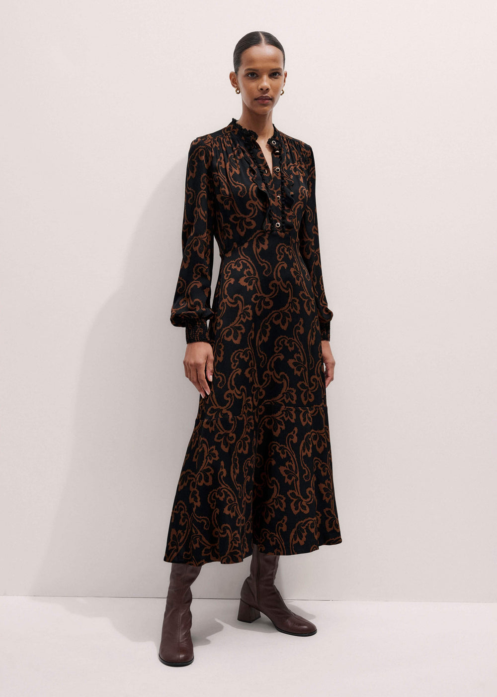 Black Floral Scroll Print Crepe Signature Maxi Dress