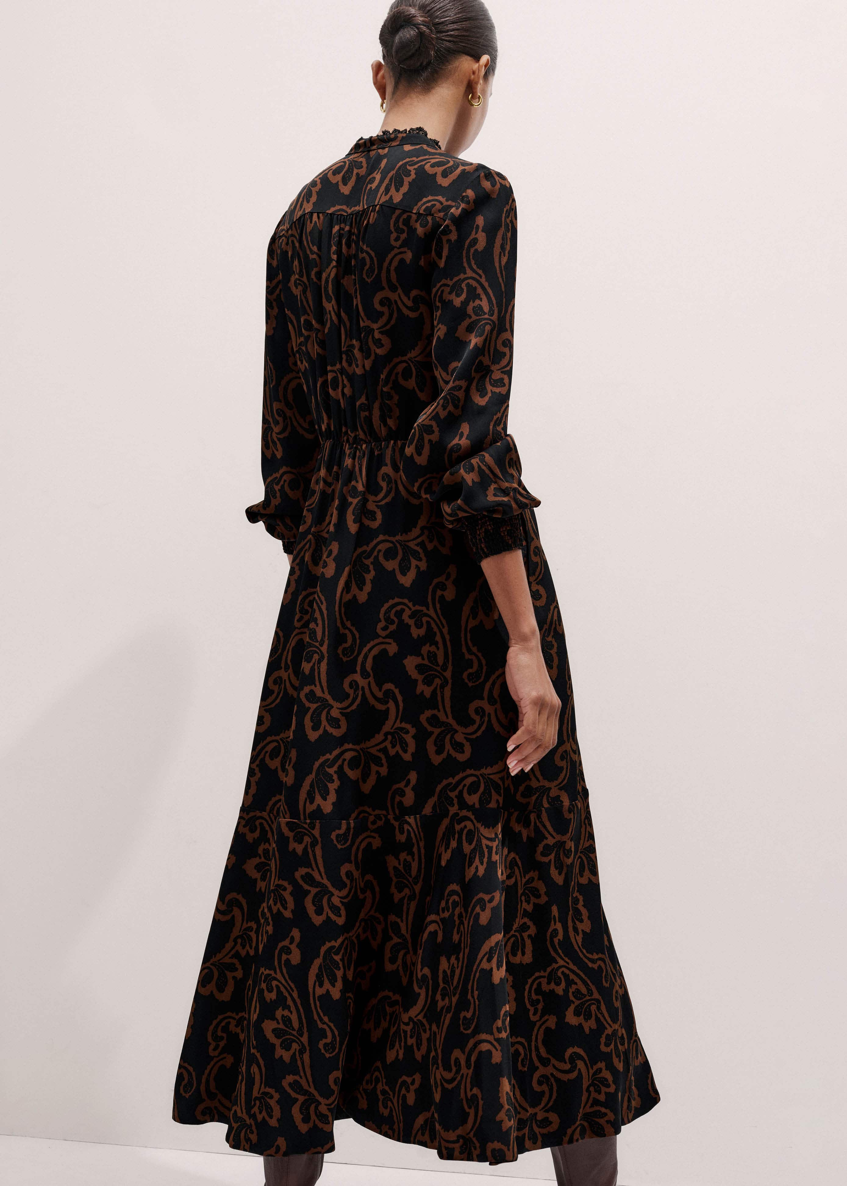 Black Floral Scroll Print Crepe Signature Maxi Dress