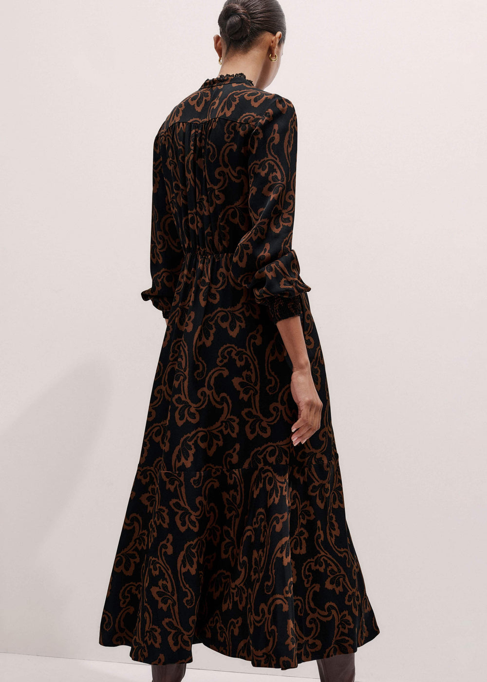 Black Floral Scroll Print Crepe Signature Maxi Dress