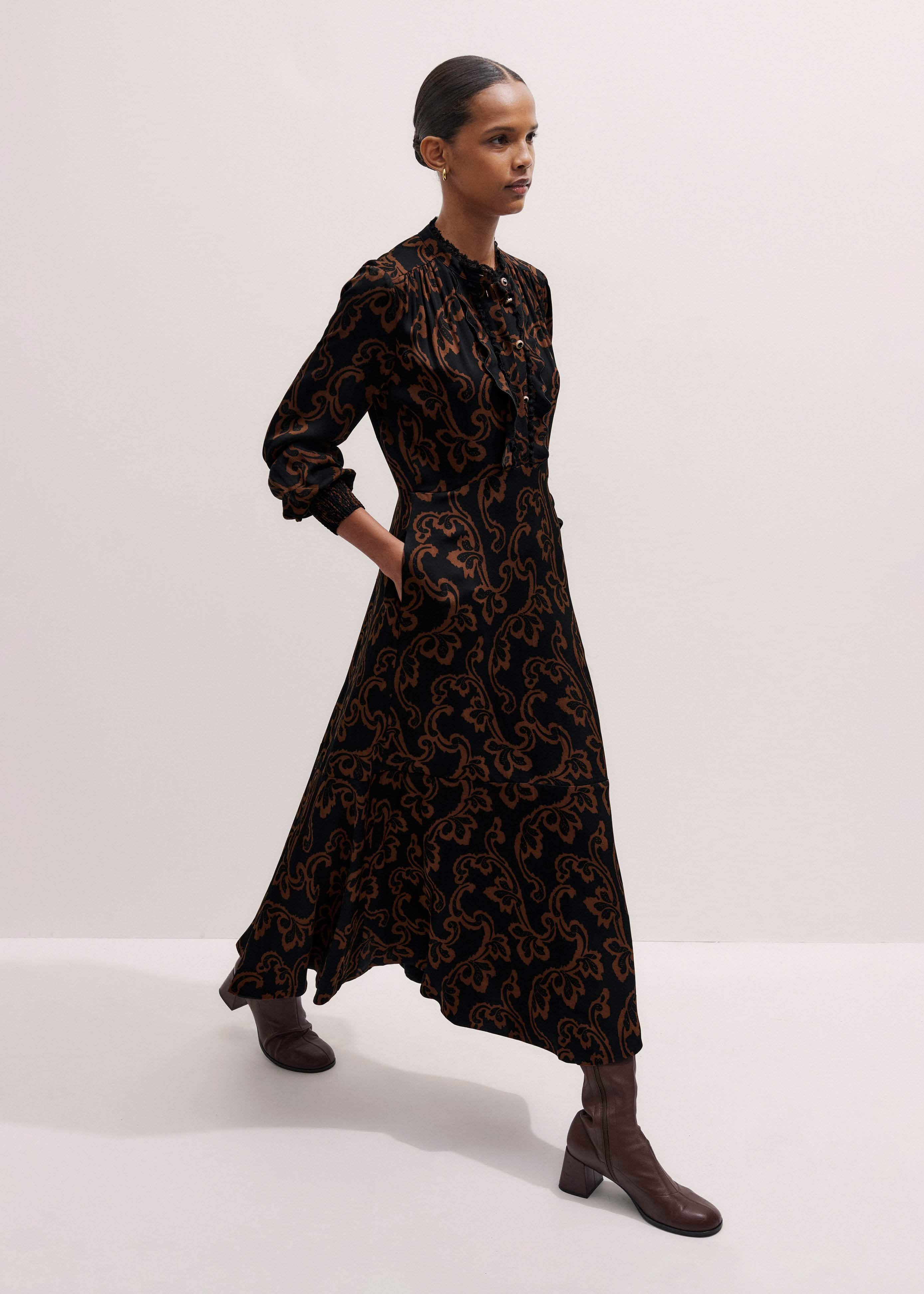 Black Floral Scroll Print Crepe Signature Maxi Dress