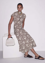 Brown Speckled Bloom Print Bias Cut Maxi Dress
