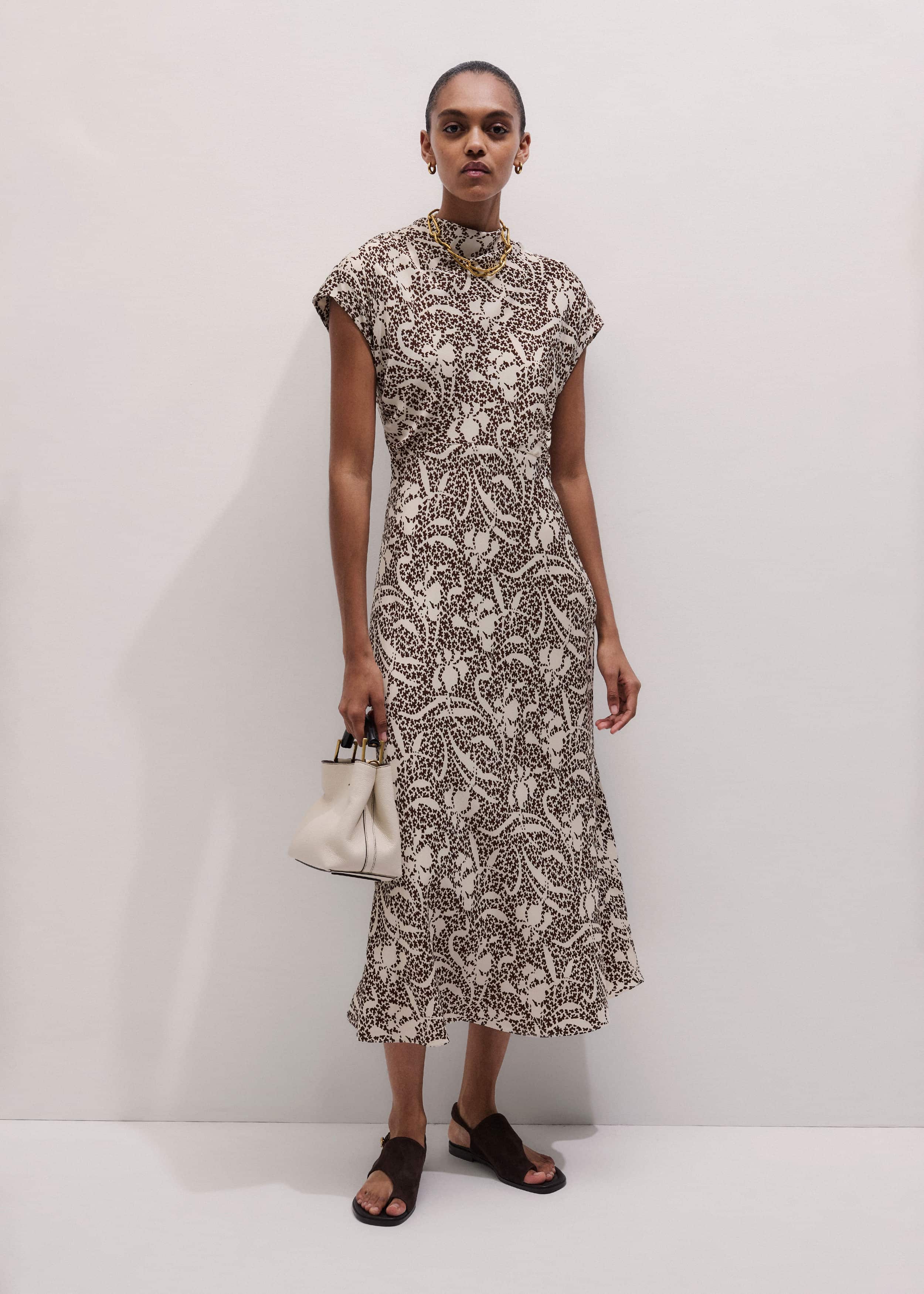 Brown Speckled Bloom Print Bias Cut Maxi Dress