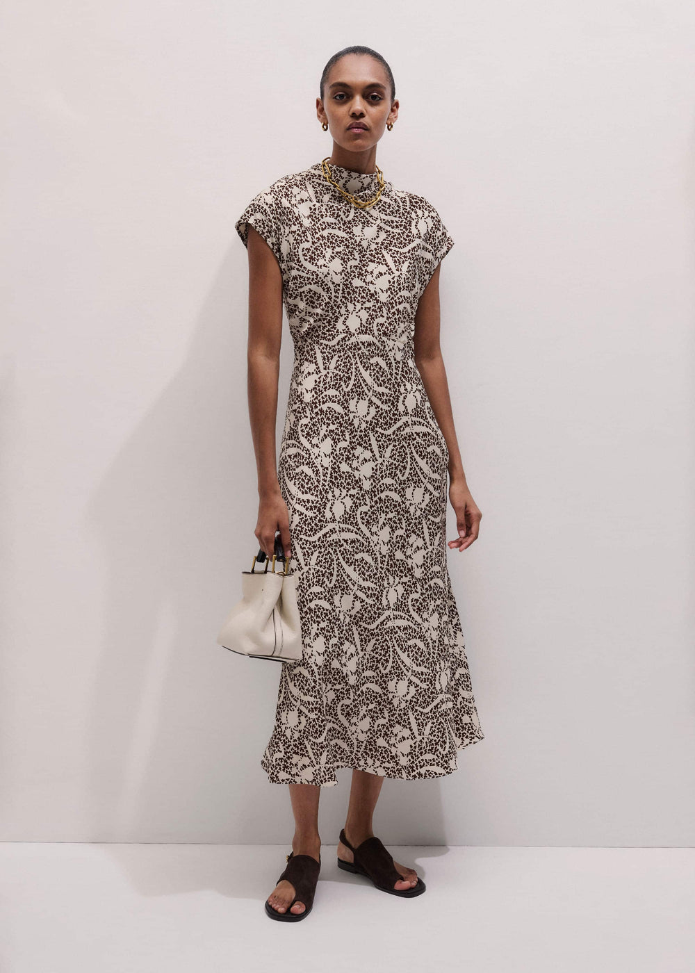 Brown Speckled Bloom Print Bias Cut Maxi Dress