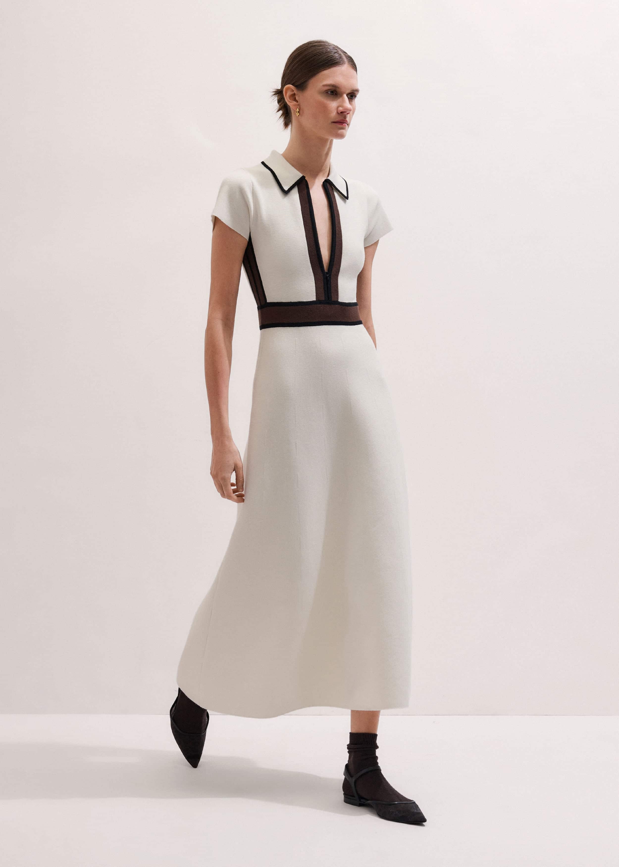 Cream Milano Knit Collared Fit + Flare Maxi Dress