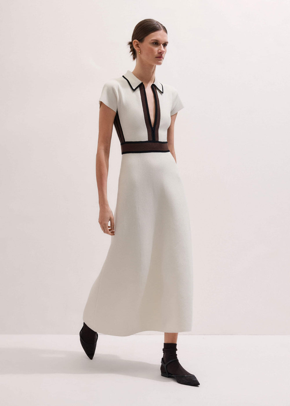 Cream Milano Knit Collared Fit + Flare Maxi Dress