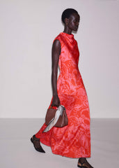 Orange Stylised Silhouette Print Bias Cut Full Length Dress