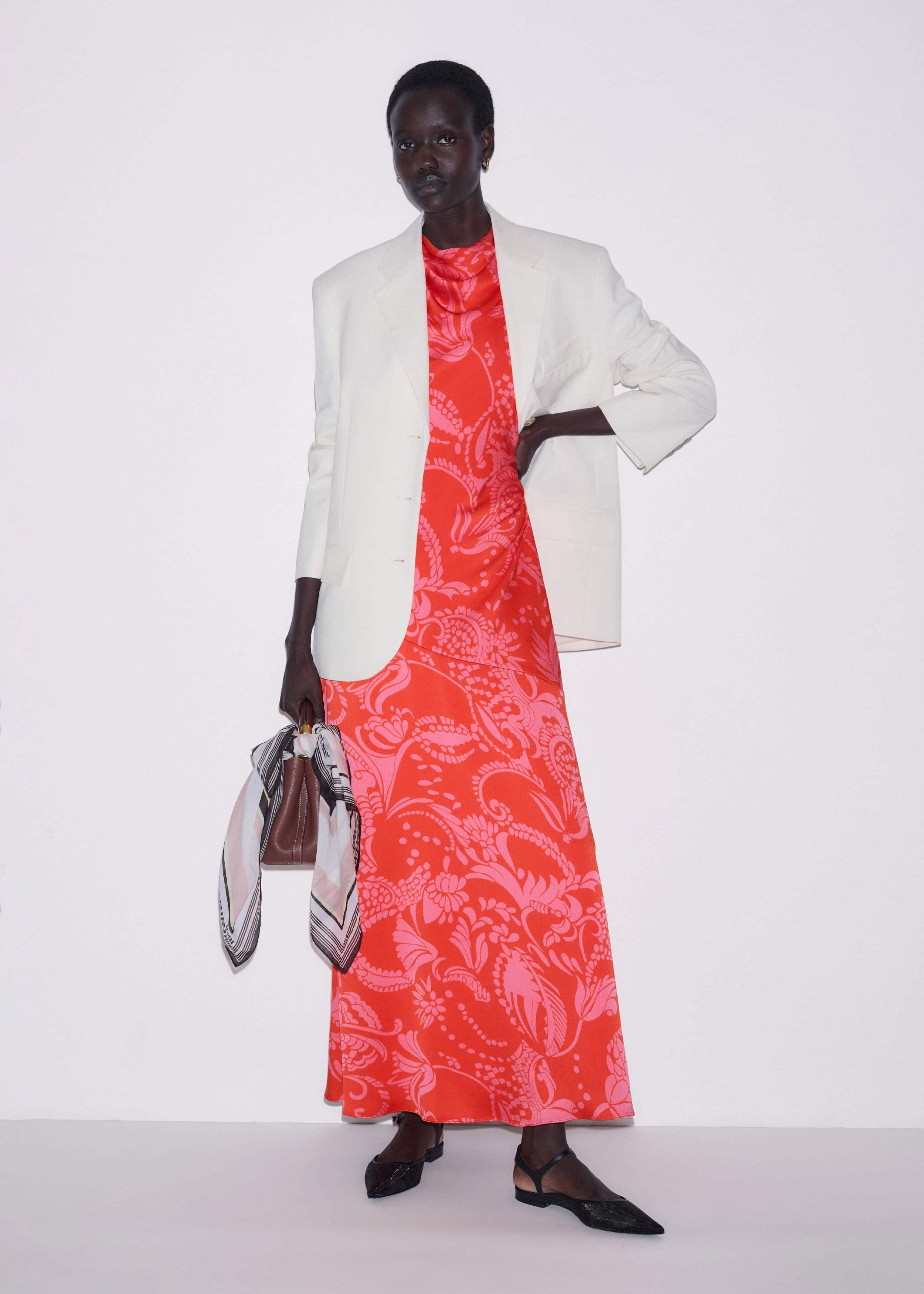 Orange Stylised Silhouette Print Bias Cut Full Length Dress