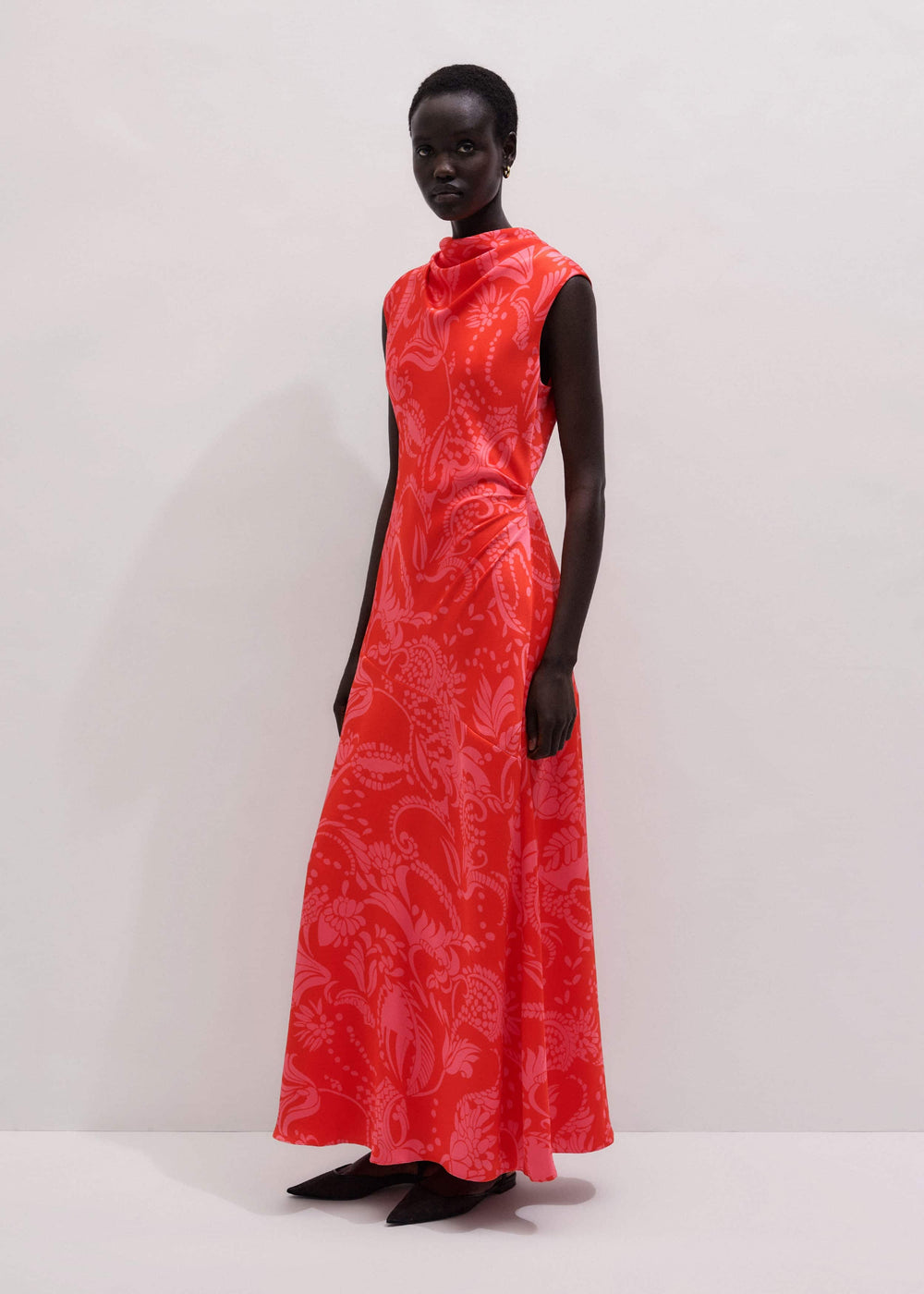 Orange Stylised Silhouette Print Bias Cut Full Length Dress