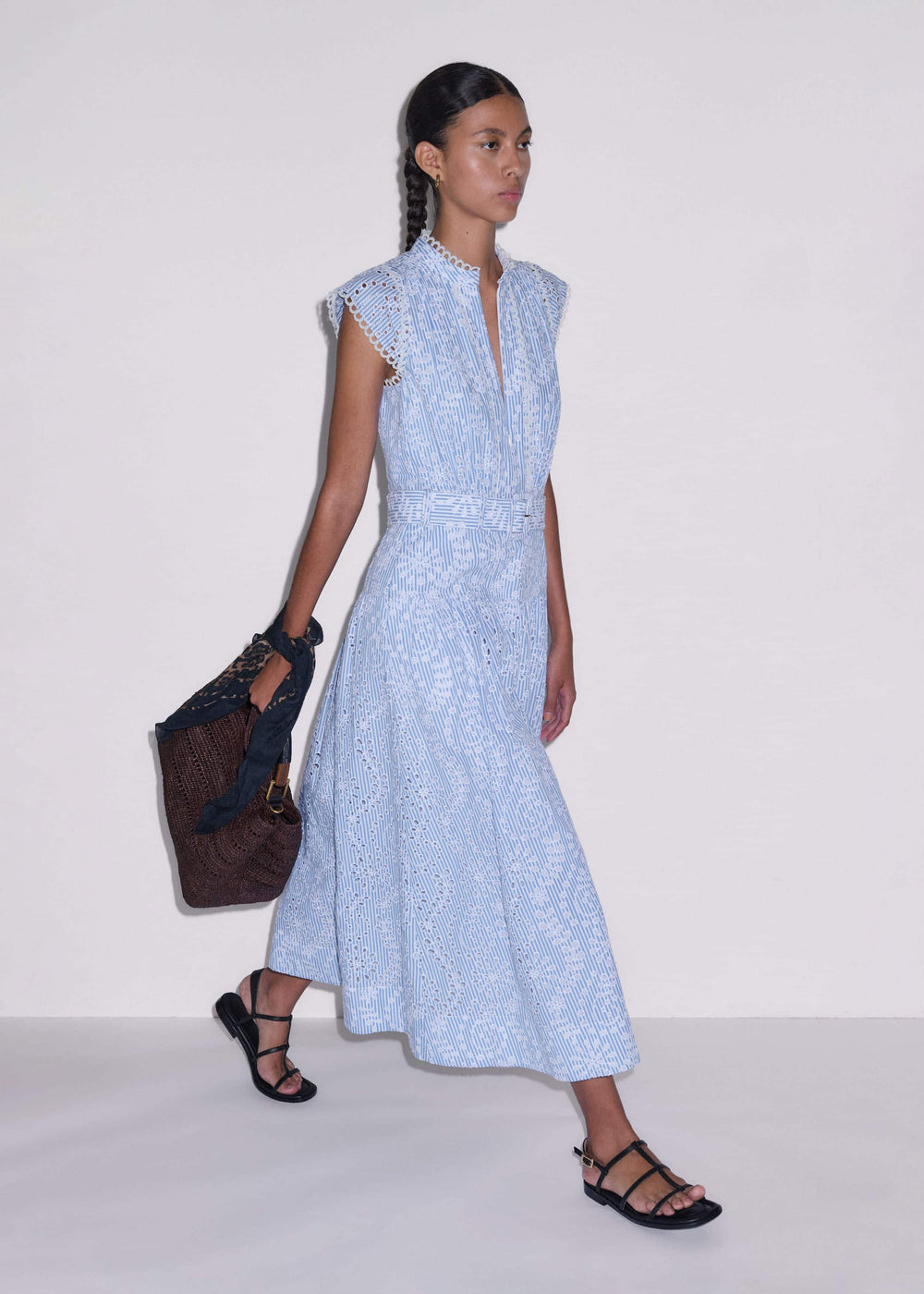 Blue Broderie Anglaise Fit + Flare Maxi Dress