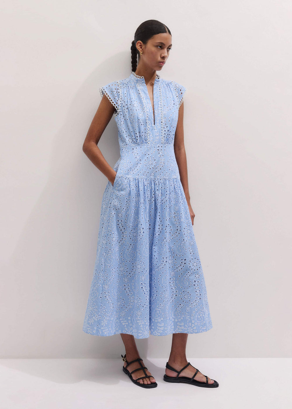 Blue Broderie Anglaise Fit + Flare Maxi Dress