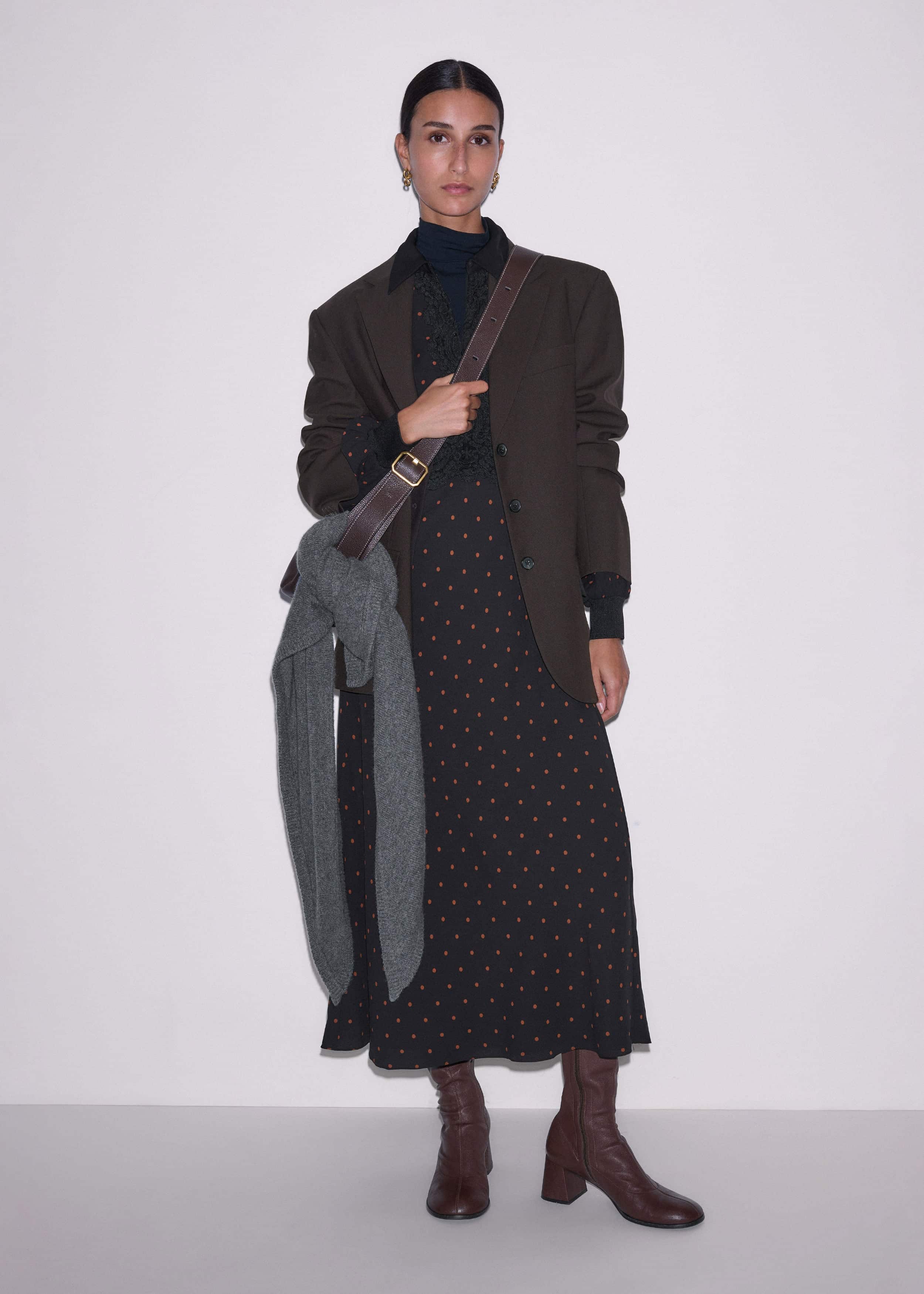 Black Winter Polka Dot Lace Trim Maxi Dress