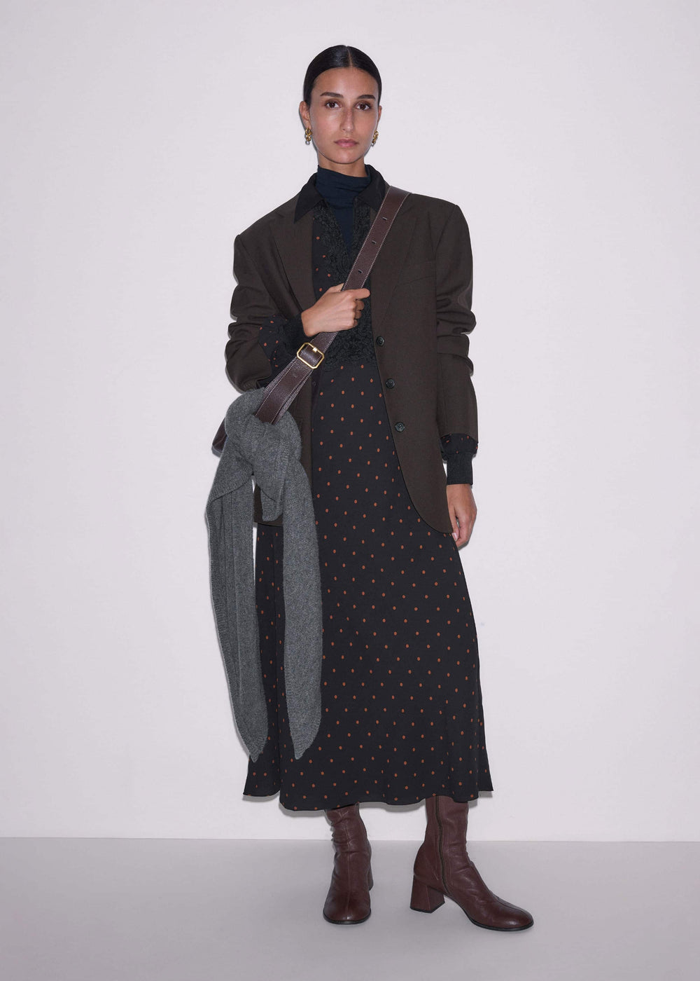 Black Winter Polka Dot Lace Trim Maxi Dress