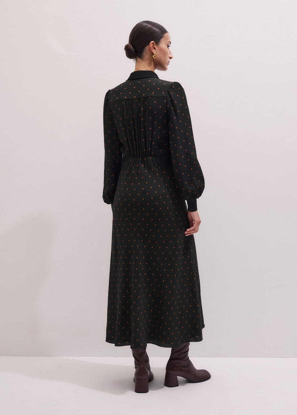Black Winter Polka Dot Lace Trim Maxi Dress
