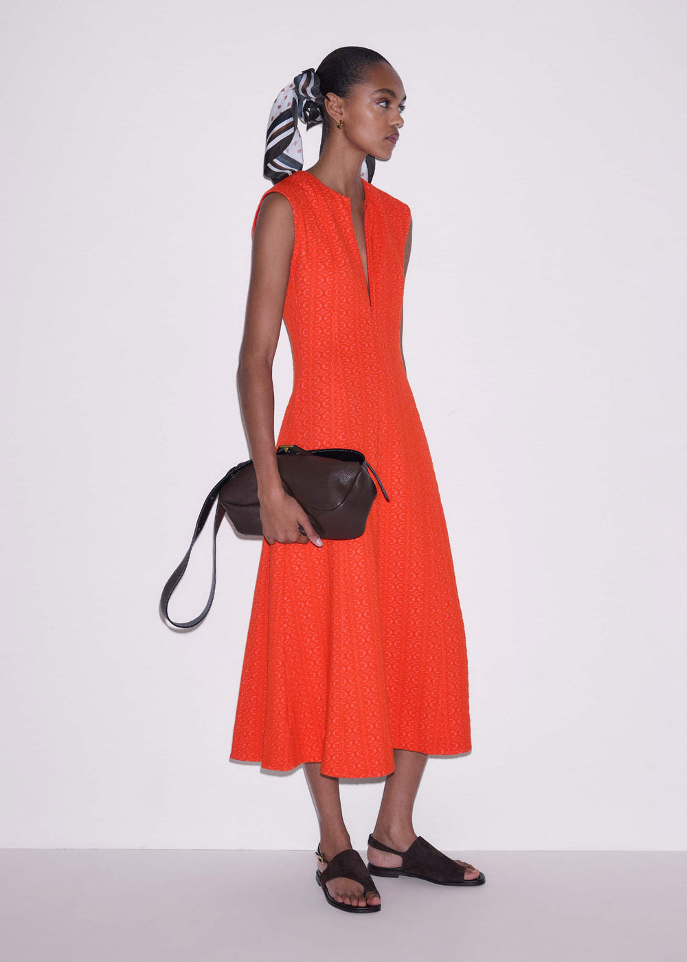 Orange Curling Crosses Jacquard Midi Dress