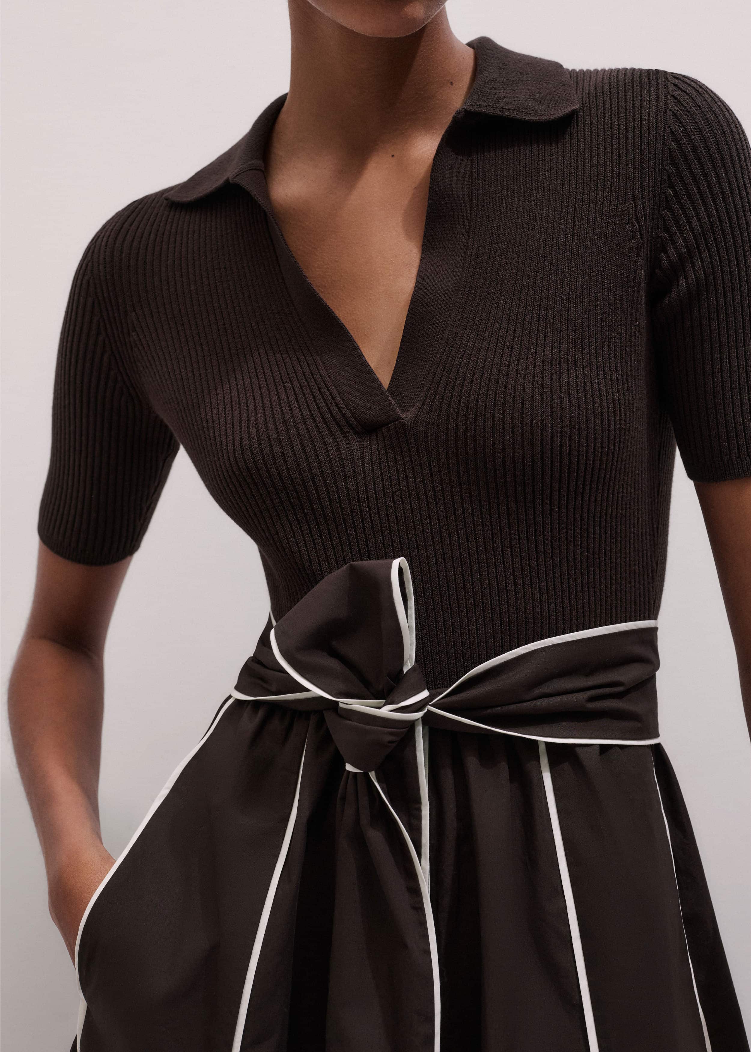 Brown Mixed Media Fit And Flare Midi Dress + Belt