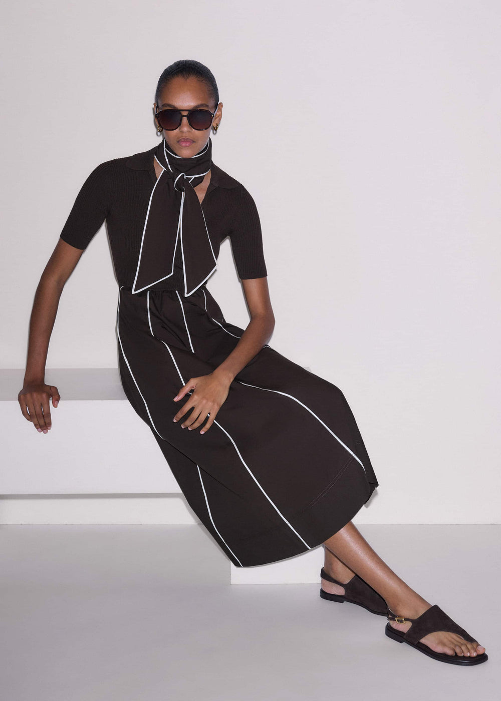 Brown Mixed Media Fit And Flare Midi Dress + Belt