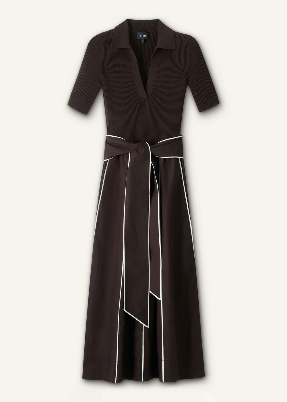 Brown Mixed Media Fit And Flare Midi Dress + Belt