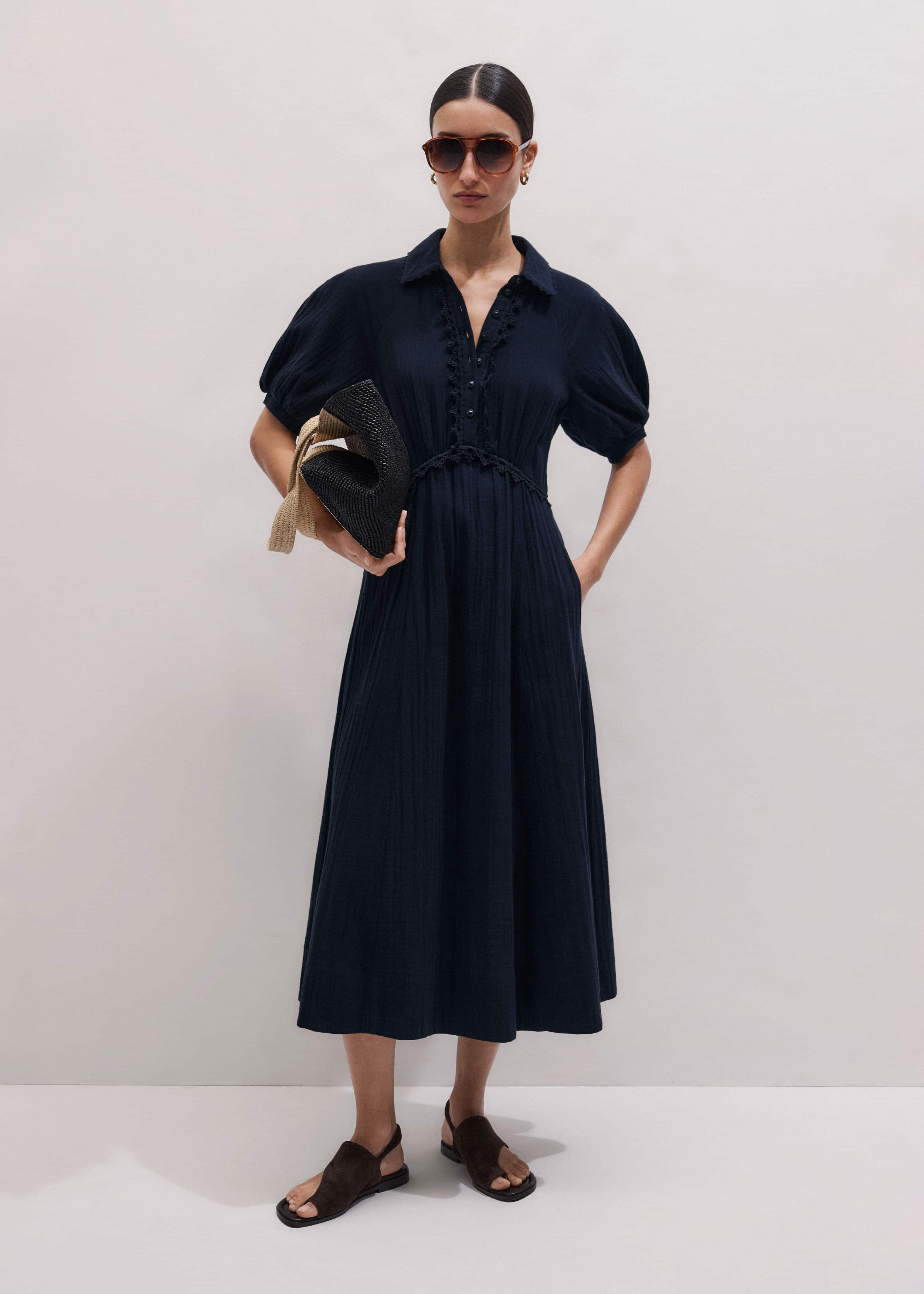 Navy Cheesecloth Intricate Detail Fit + Flare Midi Dress