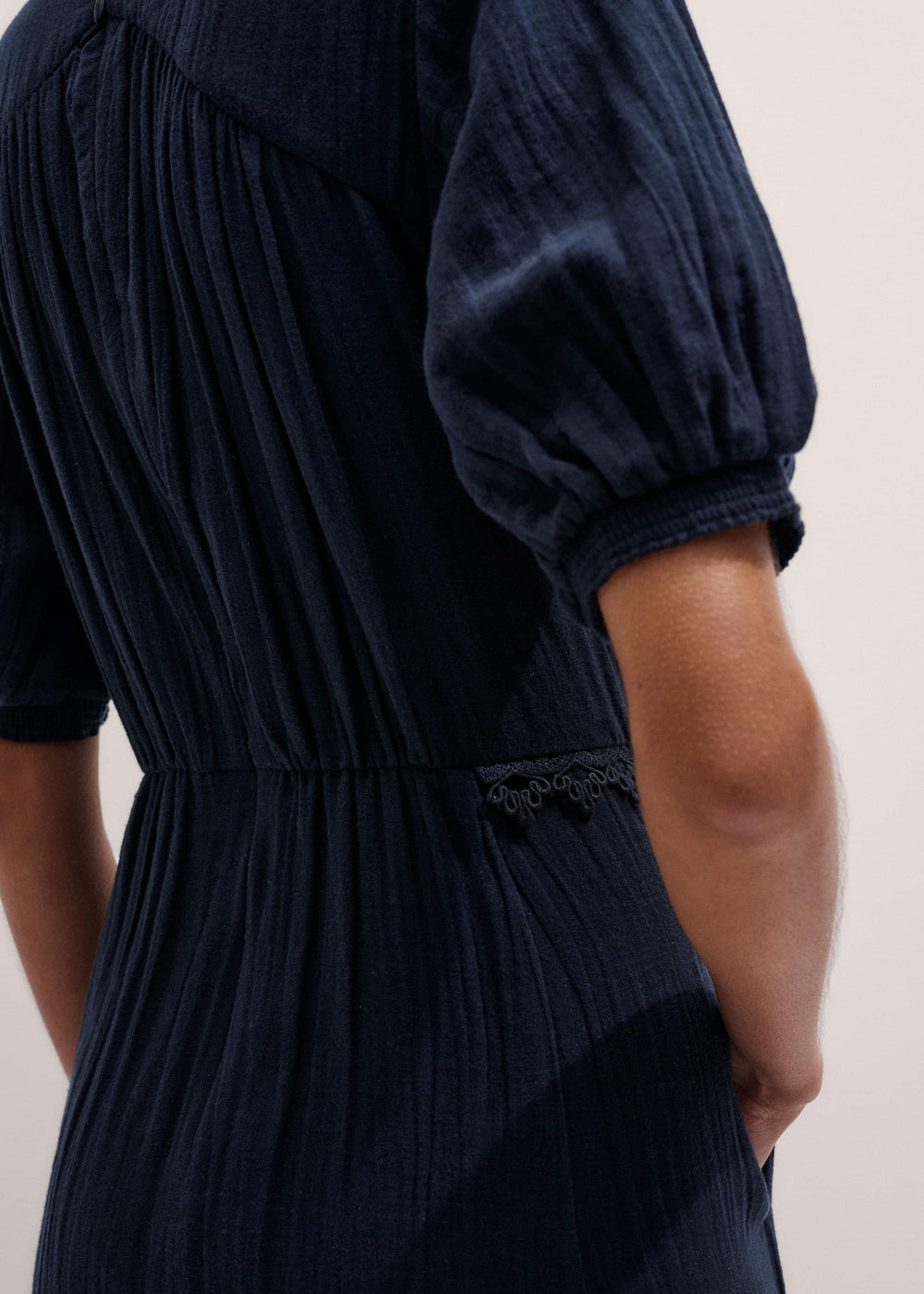 Navy Cheesecloth Intricate Detail Fit + Flare Midi Dress