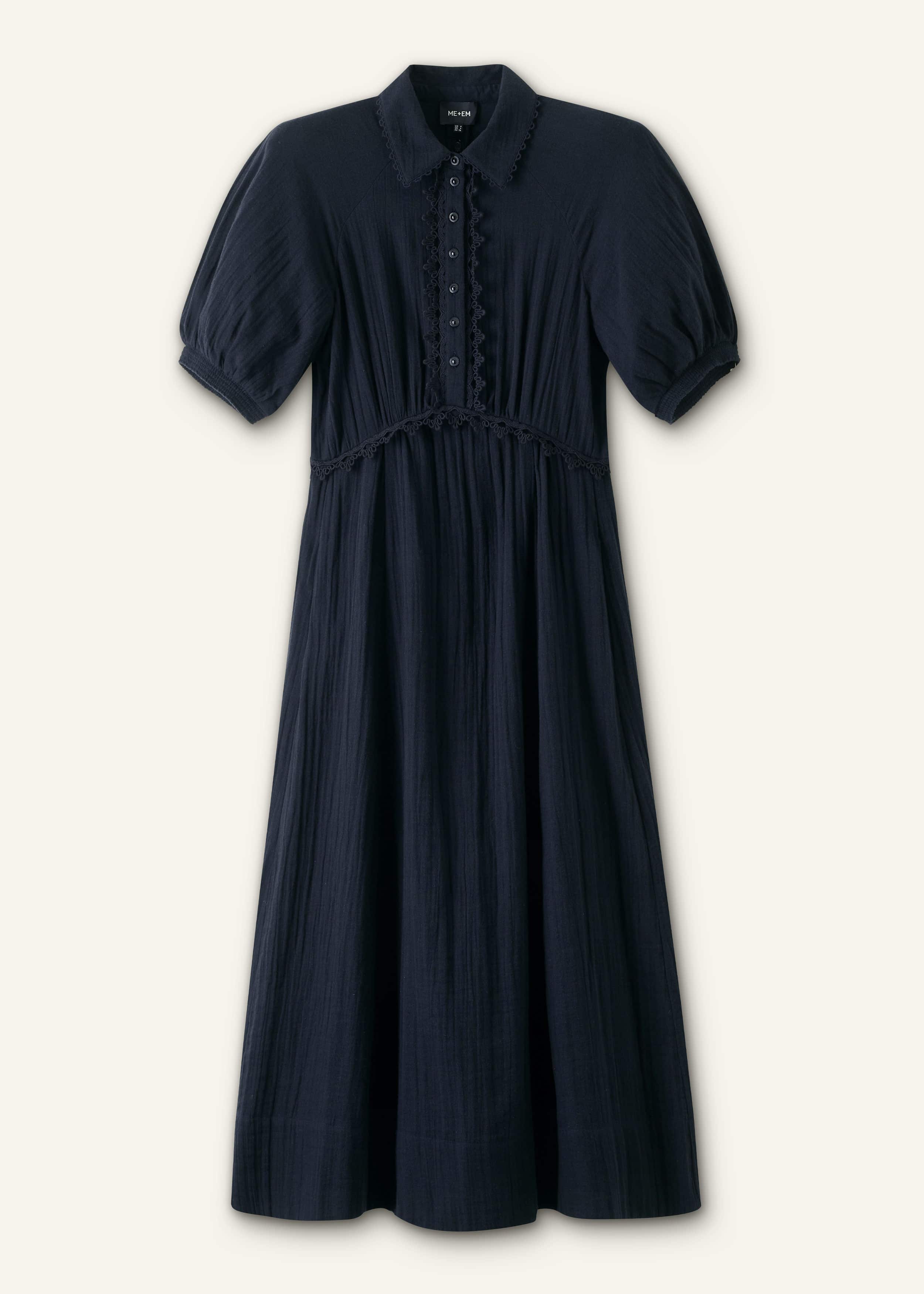 Navy Cheesecloth Intricate Detail Fit + Flare Midi Dress