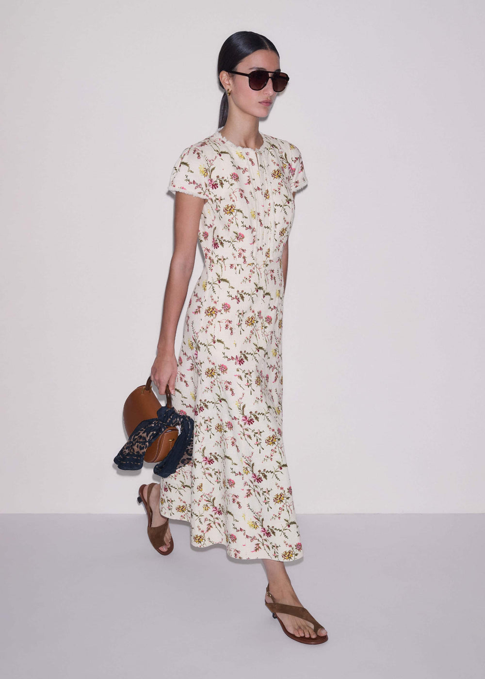 Cream Wild Spring Floral Print Fit + Flare Midi Dress