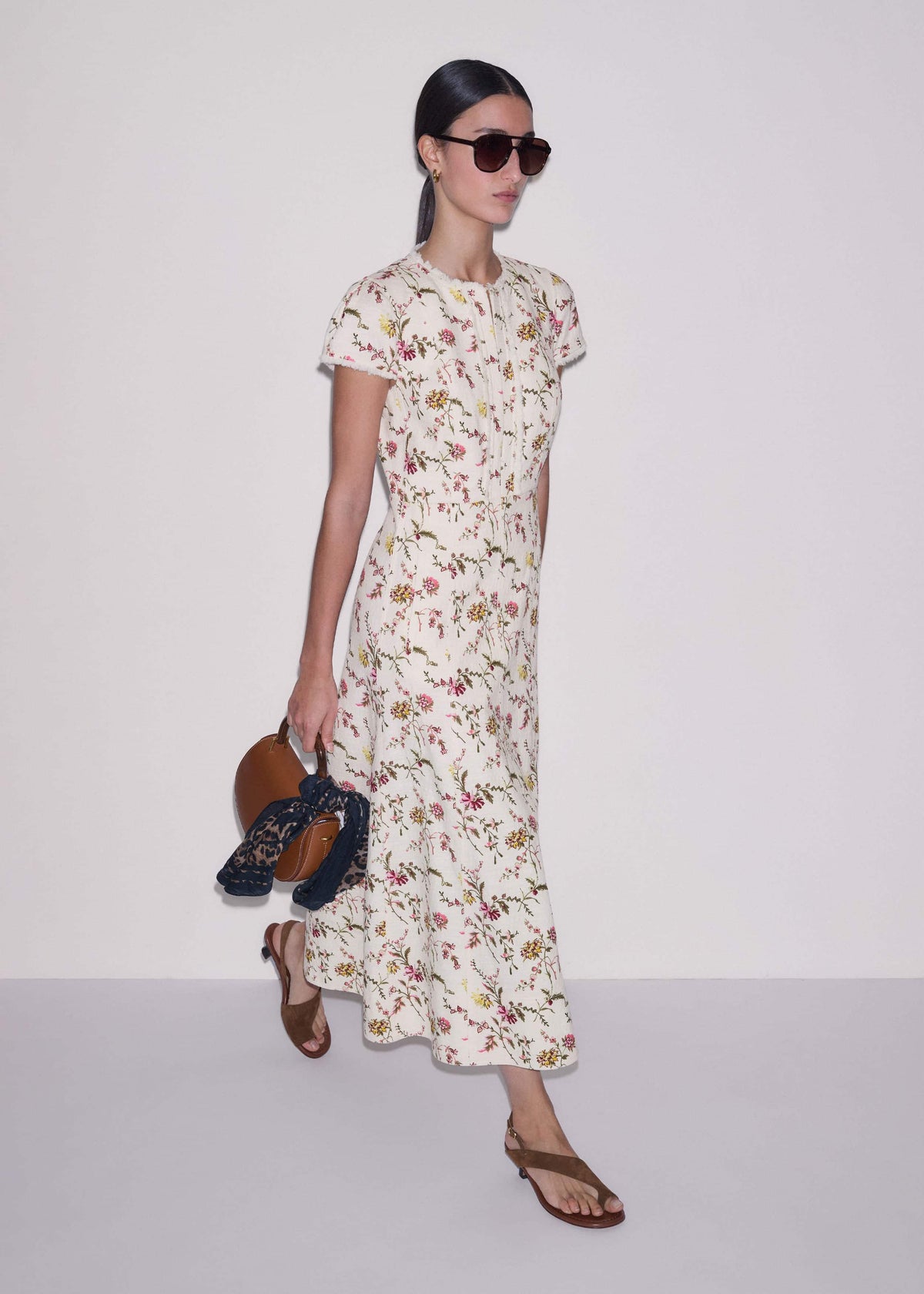 Cream Wild Spring Floral Print Fit + Flare Midi Dress