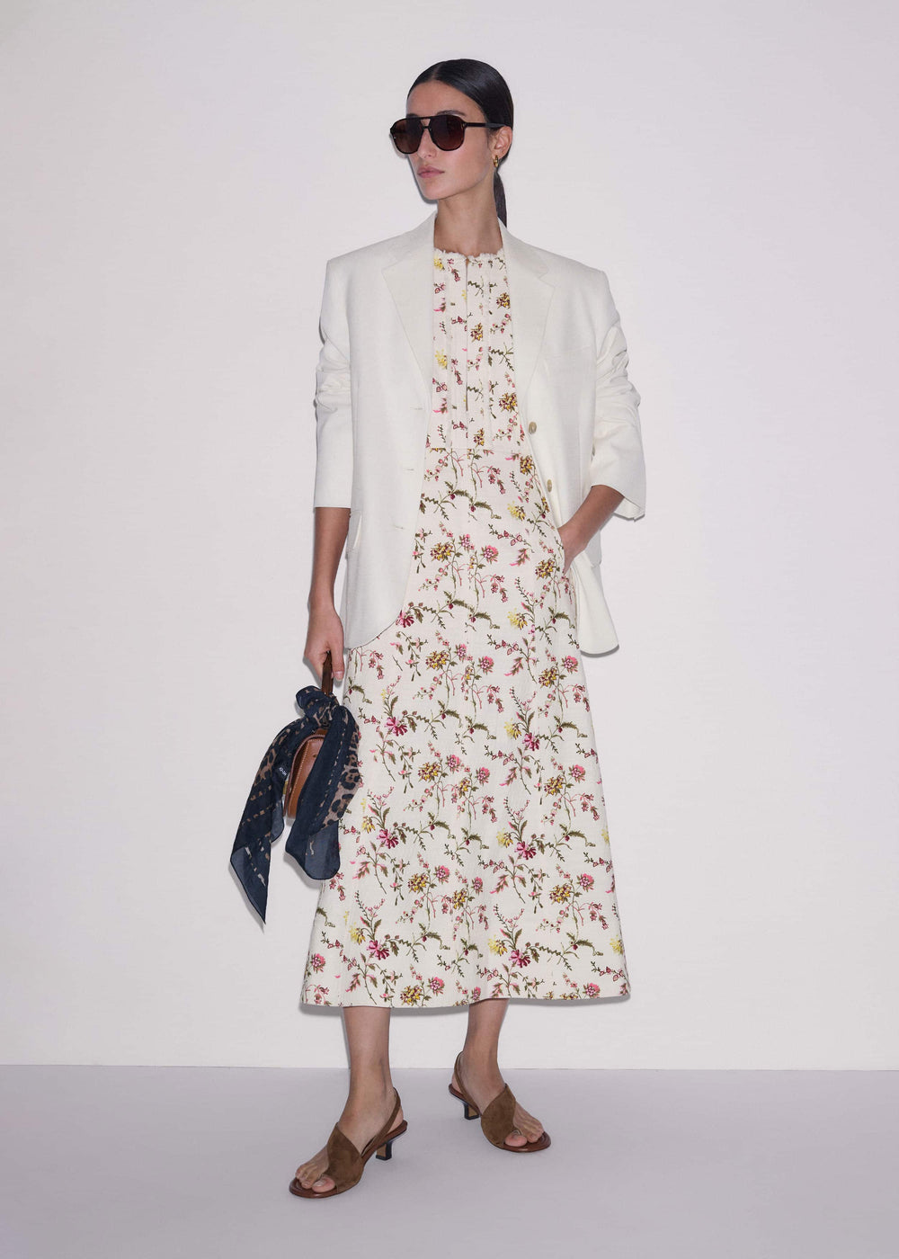 Cream Wild Spring Floral Print Fit + Flare Midi Dress