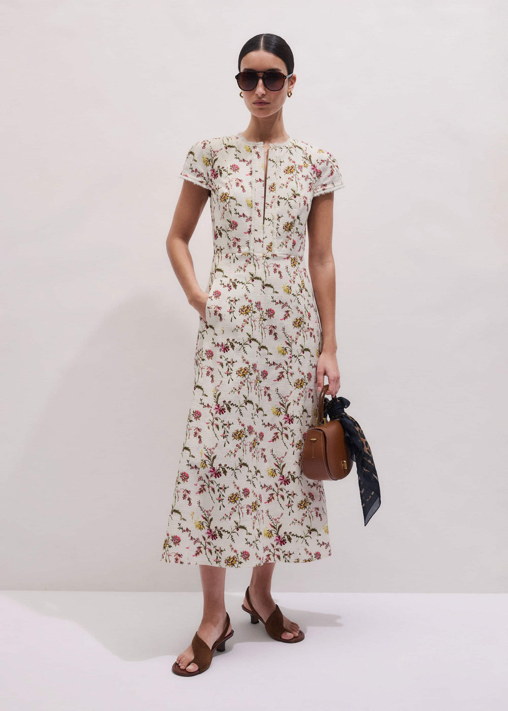 Cream Wild Spring Floral Print Fit + Flare Midi Dress