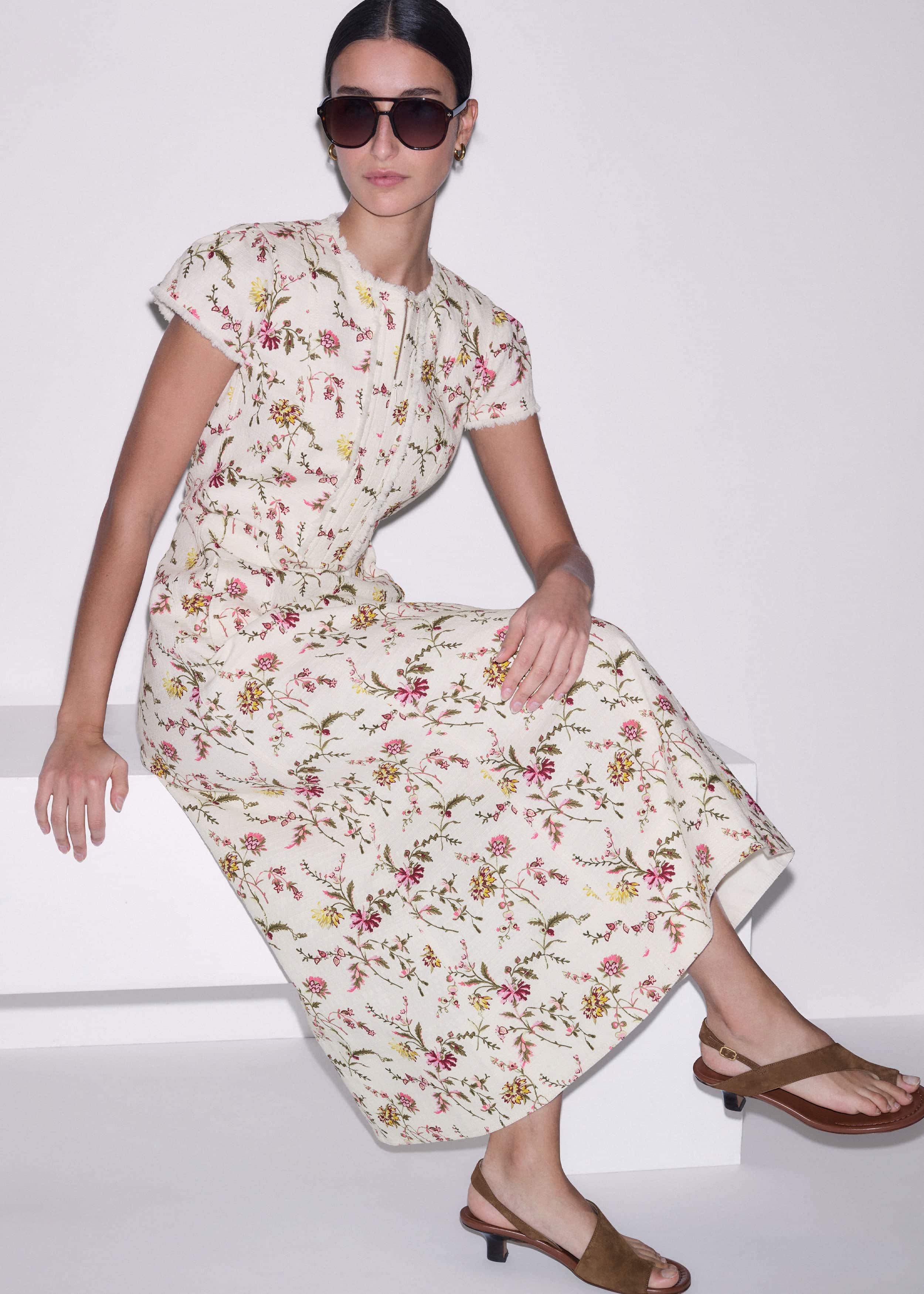Cream Wild Spring Floral Print Fit + Flare Midi Dress
